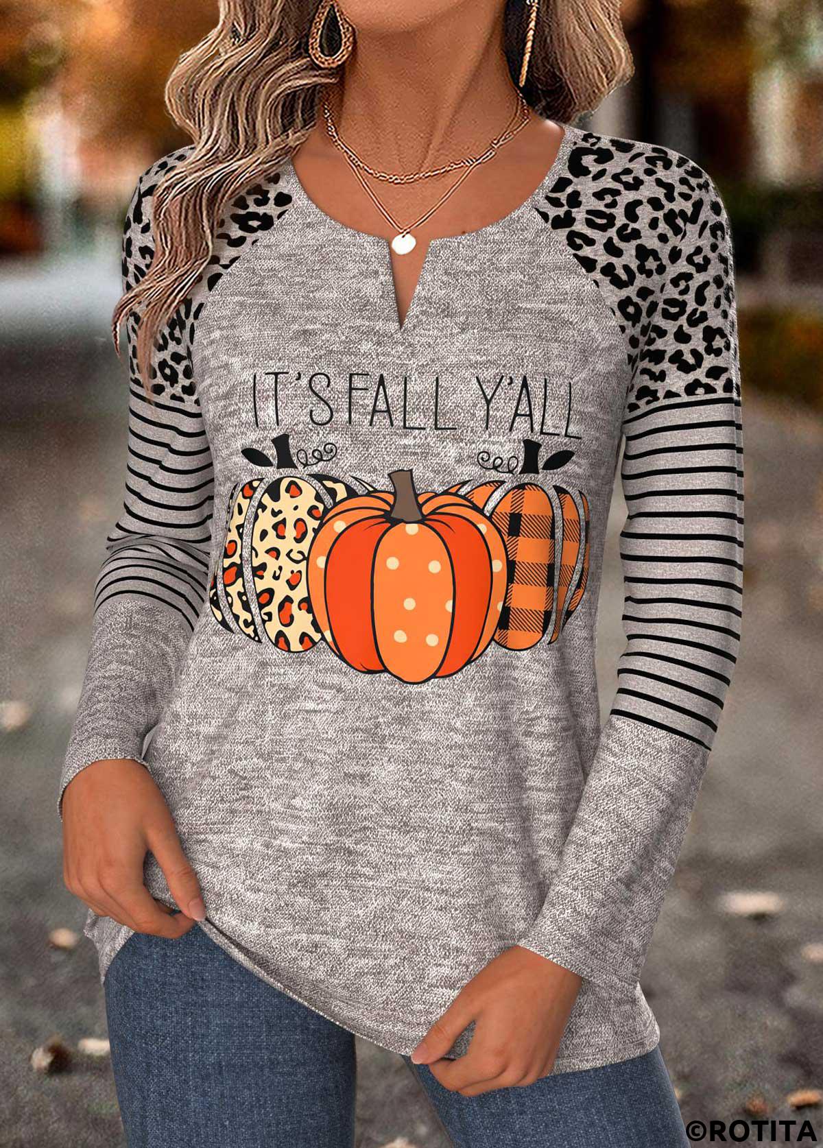 Gray Brown tops,Halloween tops,ROTITA Halloween Curved Hem Gray Brown Split Neck T Shirt