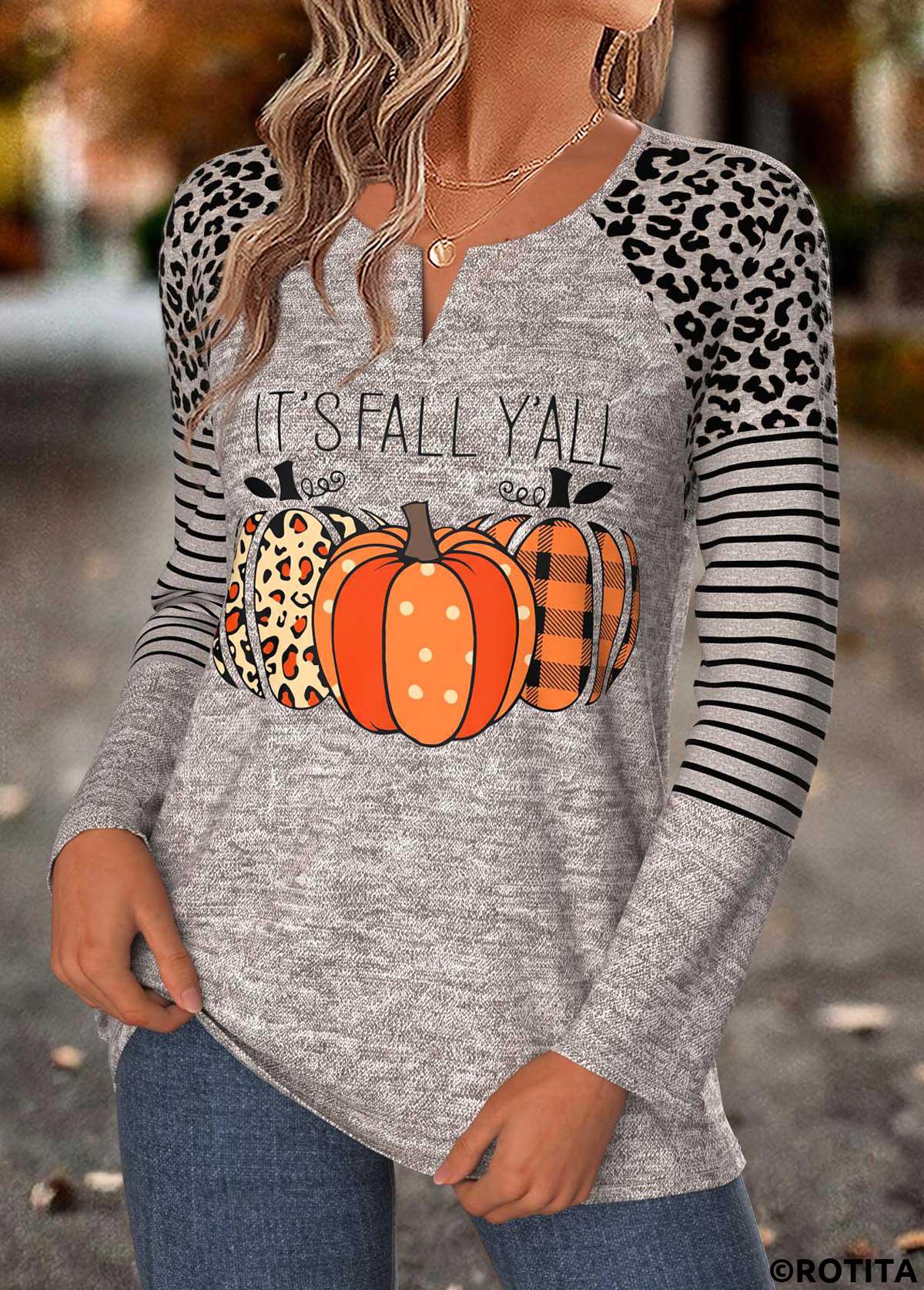 Gray Brown tops,Halloween tops,ROTITA Halloween Curved Hem Gray Brown Split Neck T Shirt