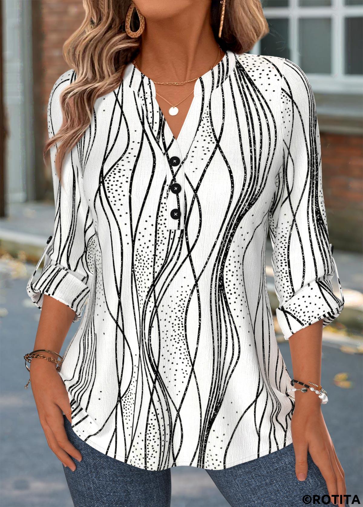 White tops,Striped tops,Geometric tops,ROTITA Curved Hem Striped White Split Neck Long Sleeve Shirt