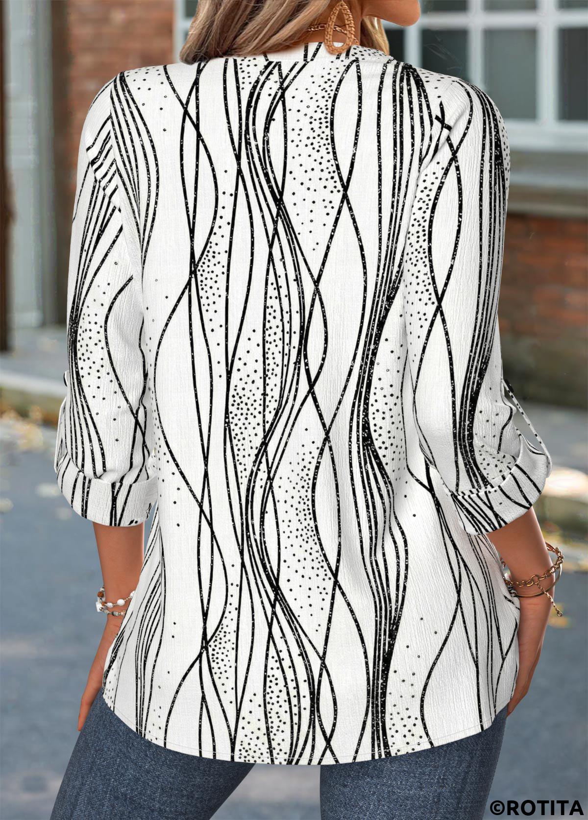 White tops,Striped tops,Geometric tops,ROTITA Curved Hem Striped White Split Neck Long Sleeve Shirt