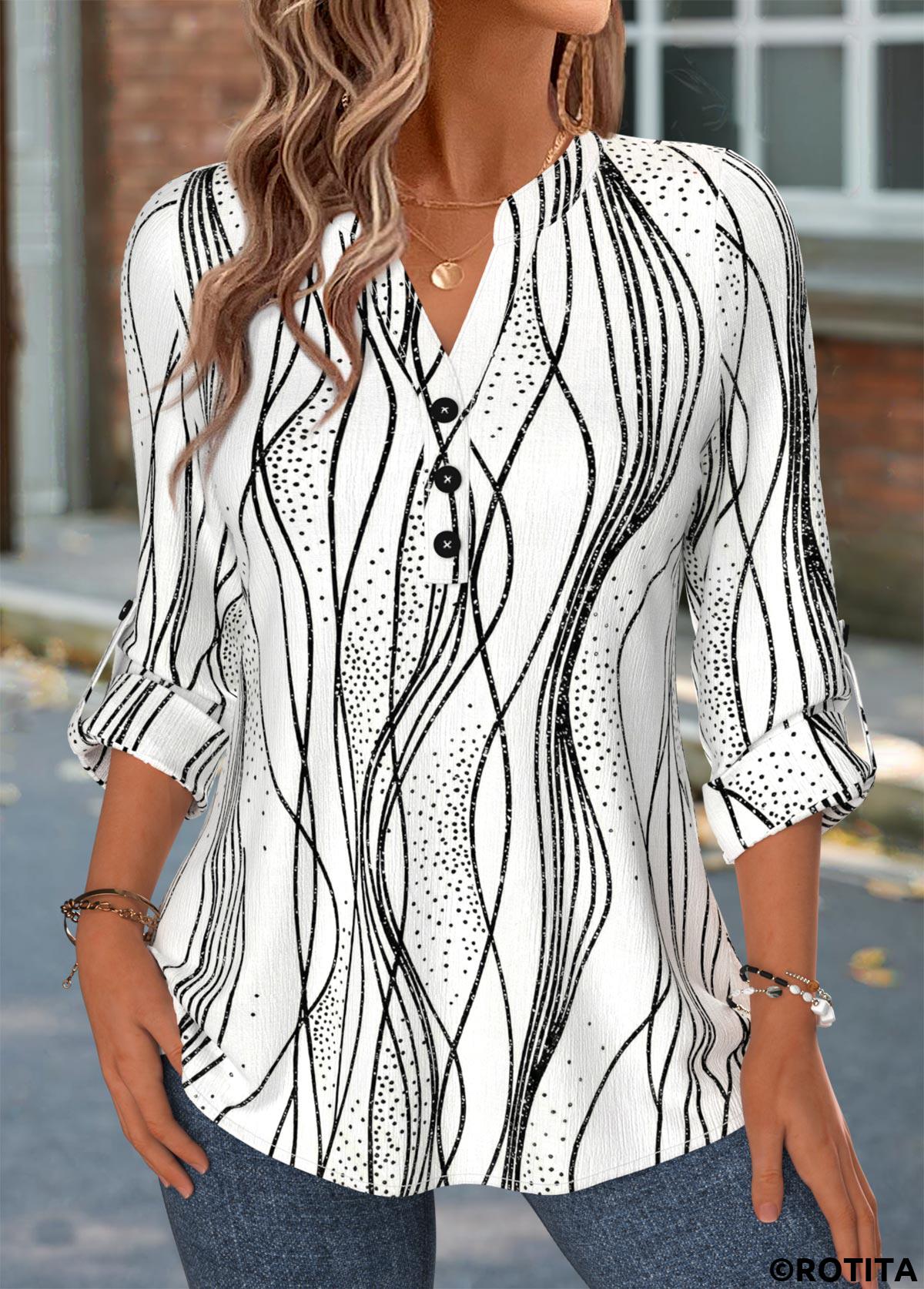 White tops,Striped tops,Geometric tops,ROTITA Curved Hem Striped White Split Neck Long Sleeve Shirt