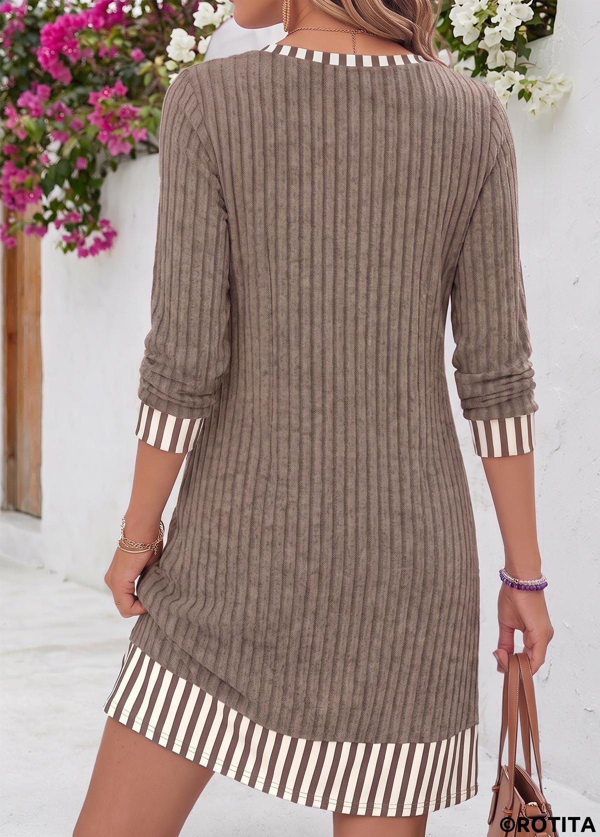 Gray Brown dresses,Plain Color dresses,Everyday dresses,Casual dresses,ROTITA Gray Brown Tummy Coverage Short Round Neck Dress