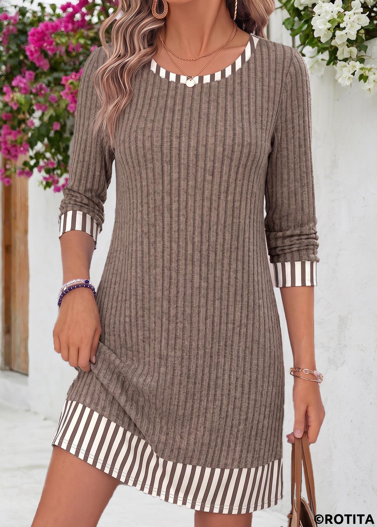 Gray Brown dresses,Plain Color dresses,Everyday dresses,Casual dresses,ROTITA Gray Brown Tummy Coverage Short Round Neck Dress