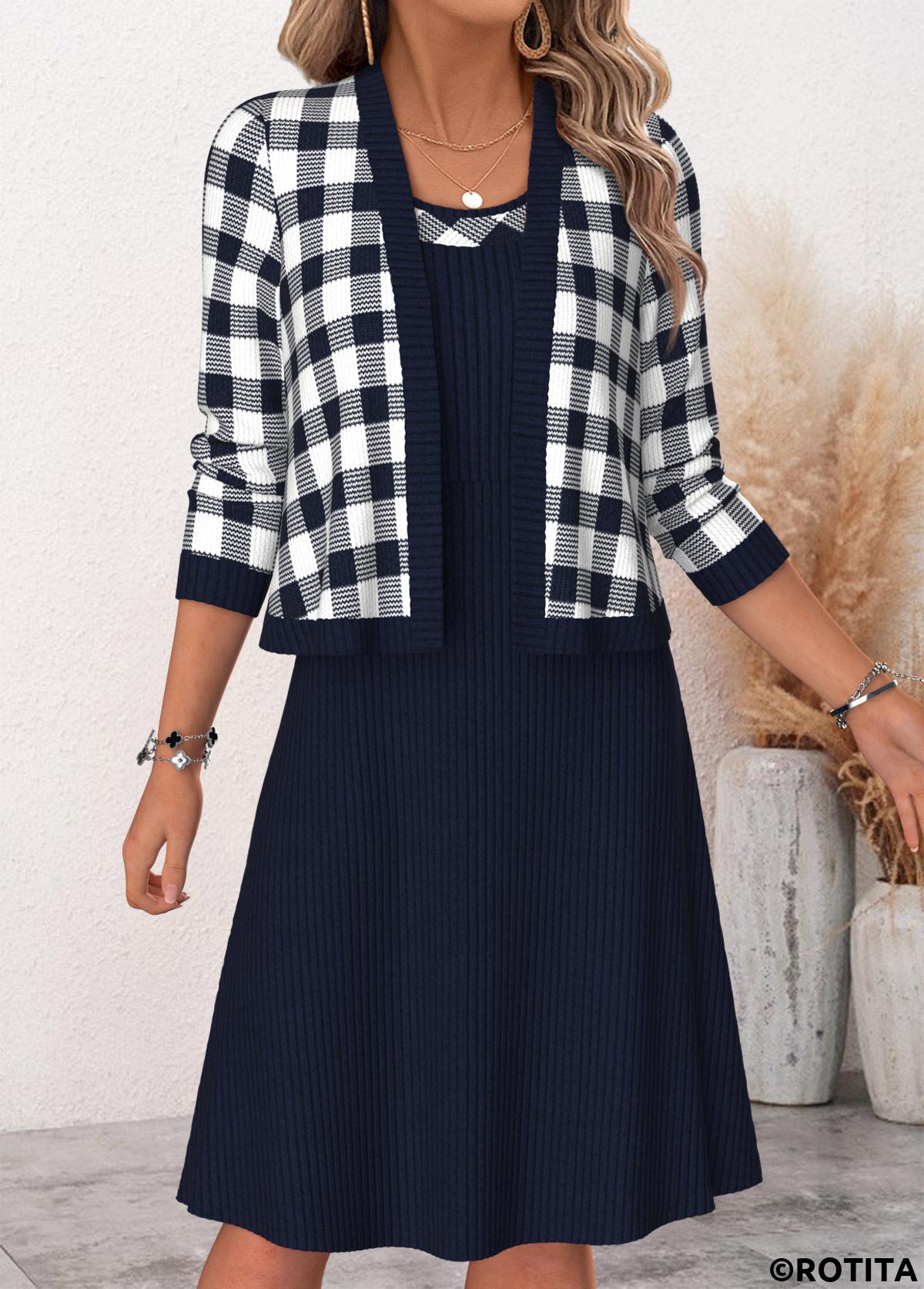Navy dresses,Plaid dresses,Geometric dresses,Everyday dresses,Casual dresses,ROTITA Navy Plaid Two-piece Round Neck Dress and Cardigan