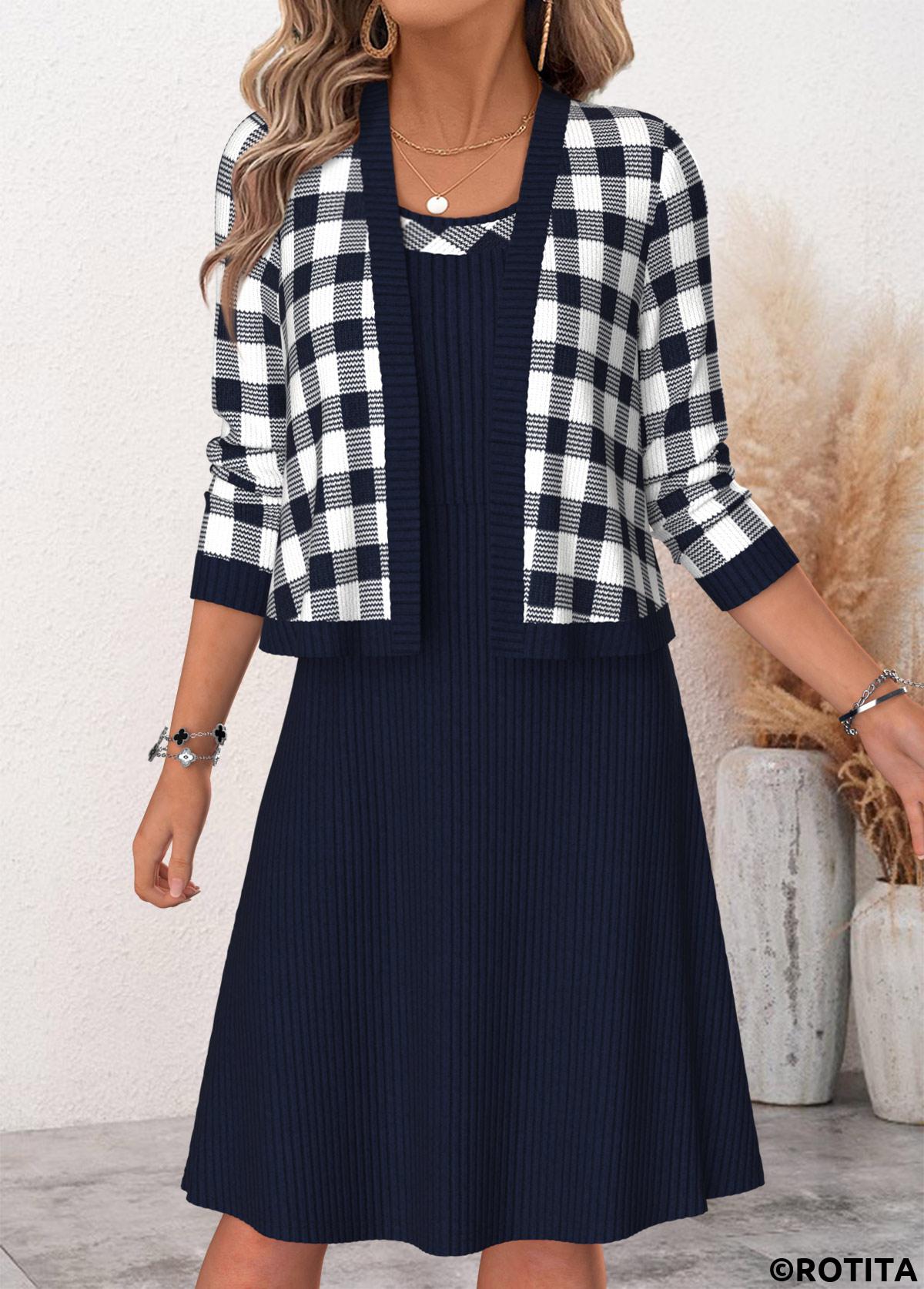 Navy dresses,Plaid dresses,Geometric dresses,Everyday dresses,Casual dresses,ROTITA Navy Plaid Two-piece Round Neck Dress and Cardigan