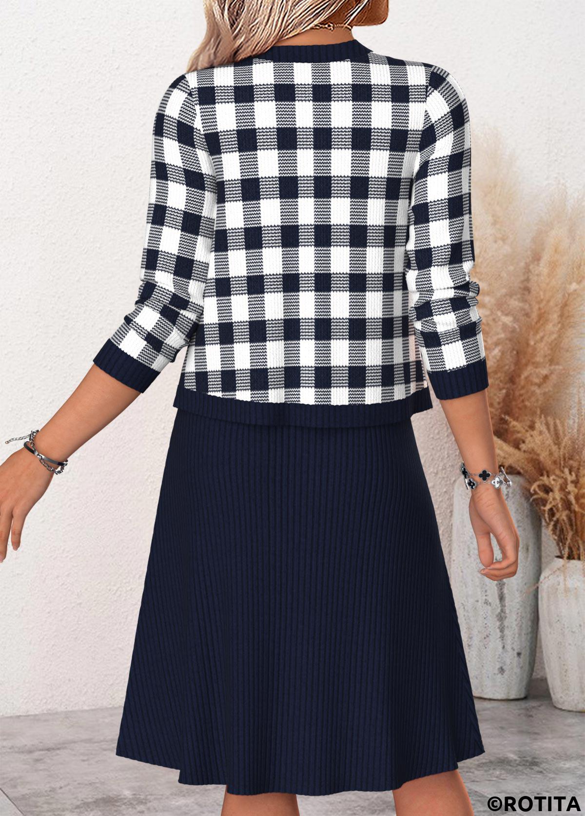 Navy dresses,Plaid dresses,Geometric dresses,Everyday dresses,Casual dresses,ROTITA Navy Plaid Two-piece Round Neck Dress and Cardigan