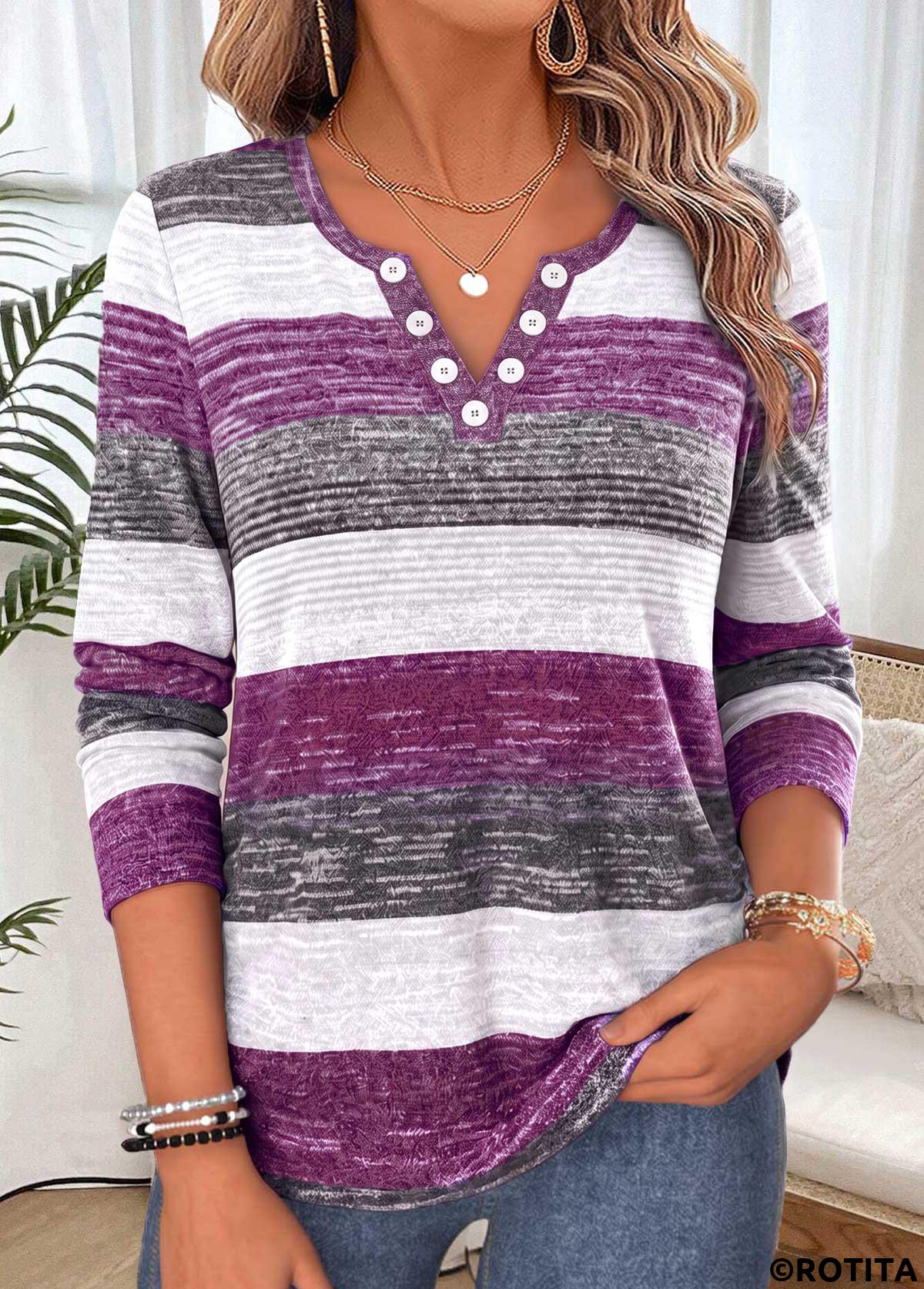 Purple tops,Striped tops,Geometric tops,ROTITA Shirred Striped Purple Split Neck Long Sleeve T Shirt