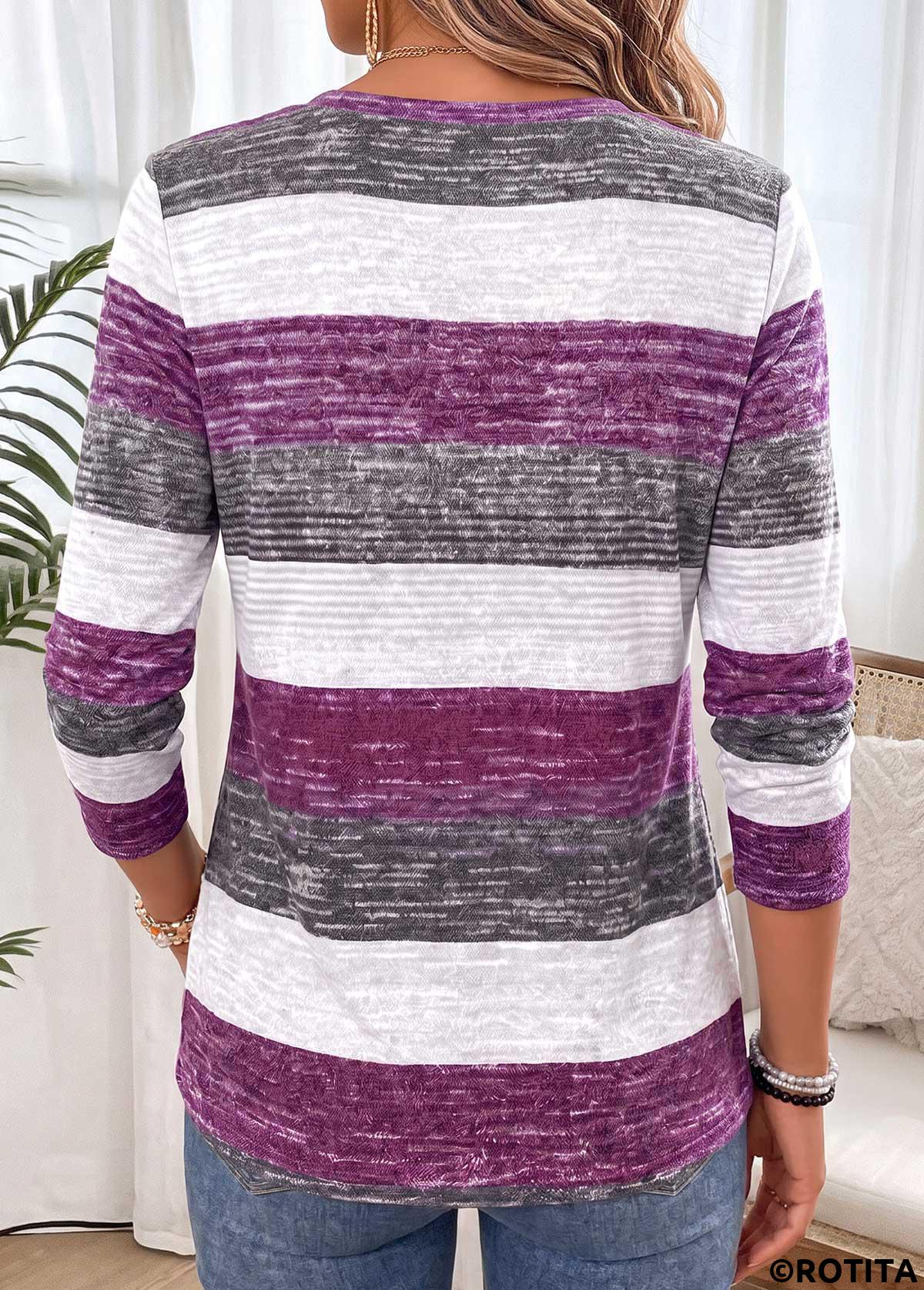 Purple tops,Striped tops,Geometric tops,ROTITA Shirred Striped Purple Split Neck Long Sleeve T Shirt