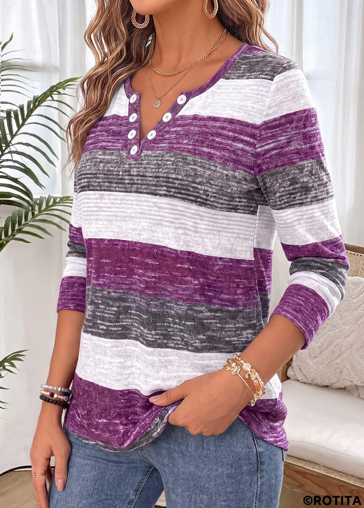 Purple tops,Striped tops,Geometric tops,ROTITA Shirred Striped Purple Split Neck Long Sleeve T Shirt