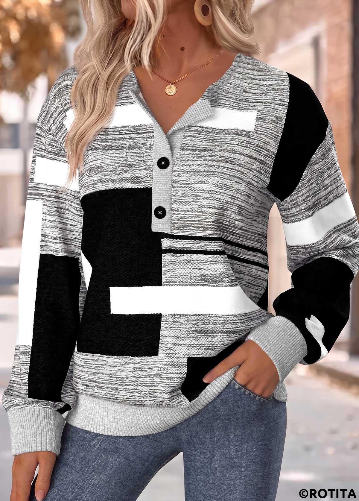 Dark Grey Marl tops,Geometric tops,ROTITA Tummy Coverage Geometric Print Dark Grey Marl Sweatshirt