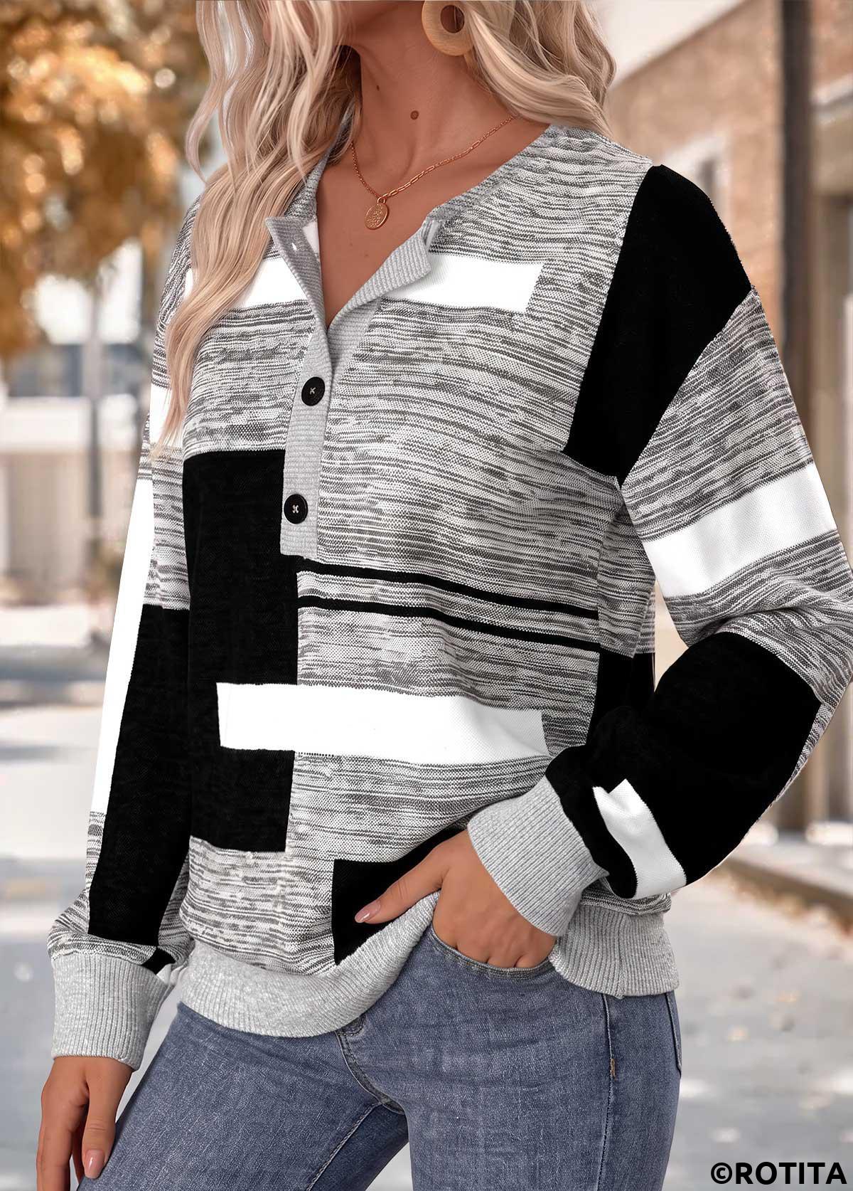 Dark Grey Marl tops,Geometric tops,ROTITA Tummy Coverage Geometric Print Dark Grey Marl Sweatshirt