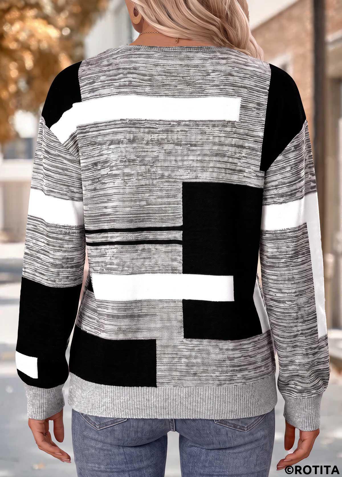 Dark Grey Marl tops,Geometric tops,ROTITA Tummy Coverage Geometric Print Dark Grey Marl Sweatshirt