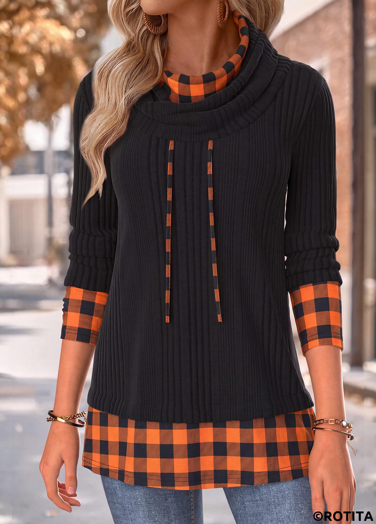 Black tops,Plaid tops,Geometric tops,ROTITA Tummy Coverage Plaid Black Cowl Neck Long Sleeve Sweatshirt