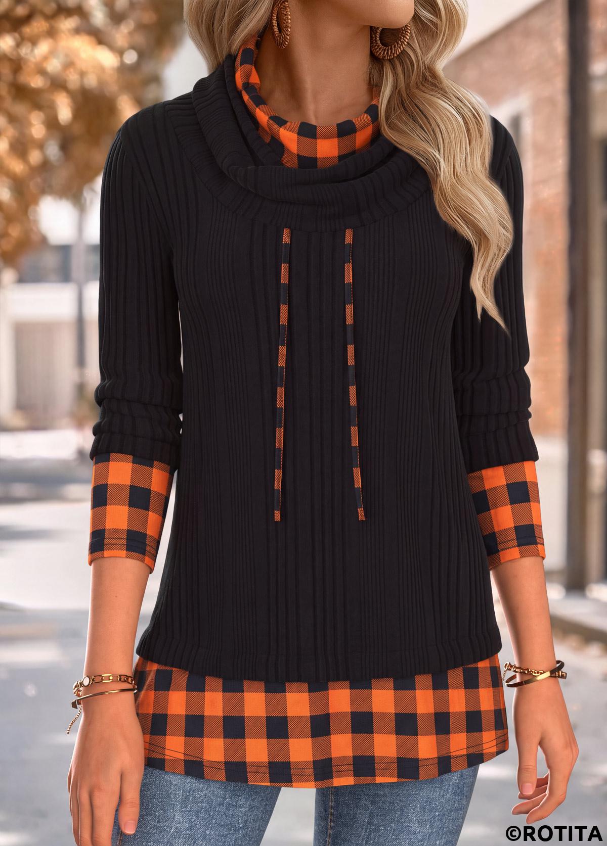 Black tops,Plaid tops,Geometric tops,ROTITA Tummy Coverage Plaid Black Cowl Neck Long Sleeve Sweatshirt