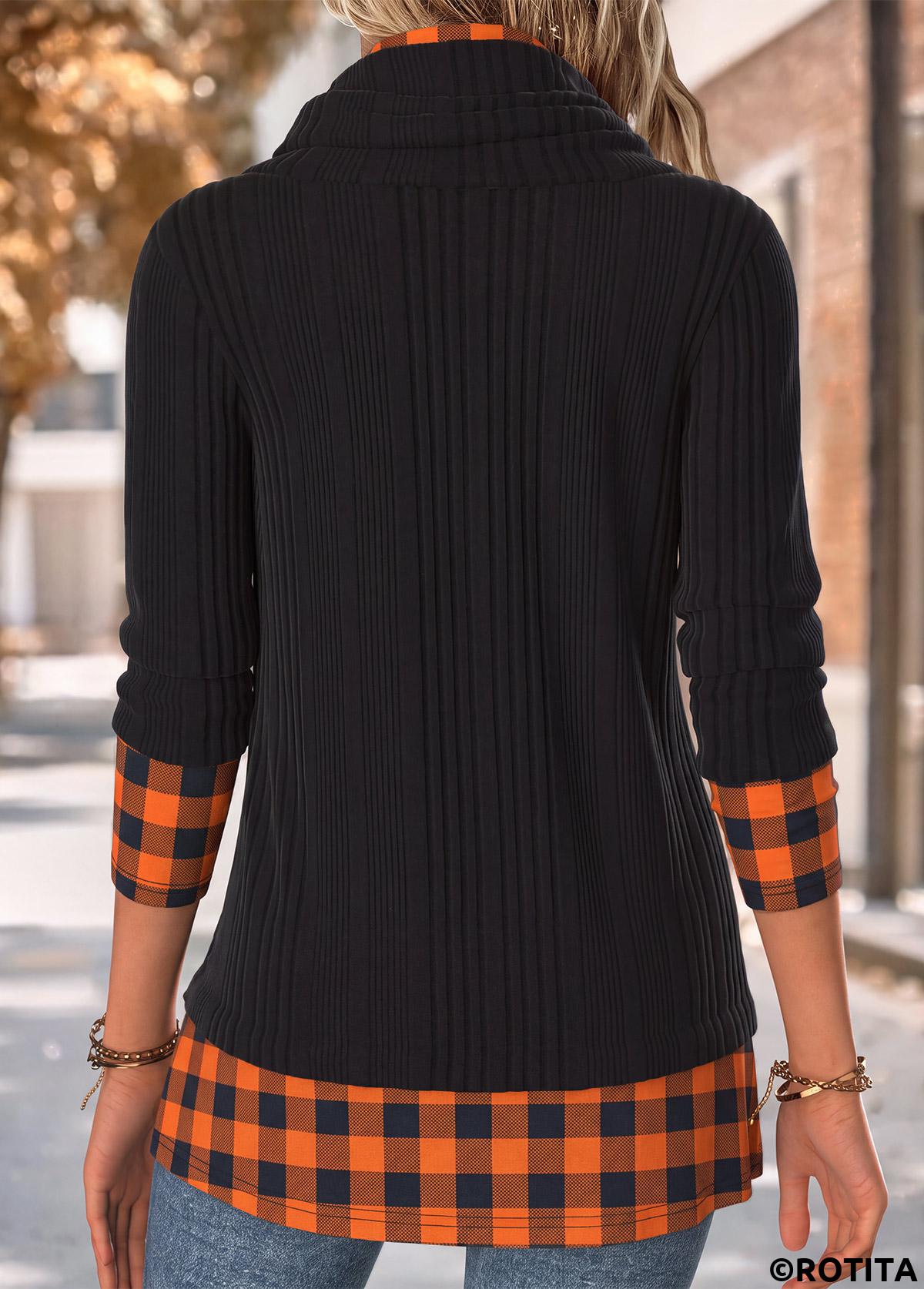 Black tops,Plaid tops,Geometric tops,ROTITA Tummy Coverage Plaid Black Cowl Neck Long Sleeve Sweatshirt
