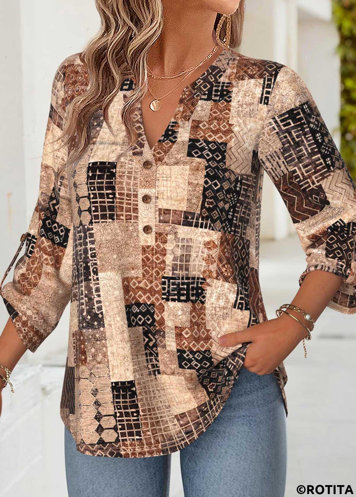 Dark Coffee tops,Geometric tops,ROTITA Tummy Coverage Geometric Print Dark Coffee Split Neck Blouse