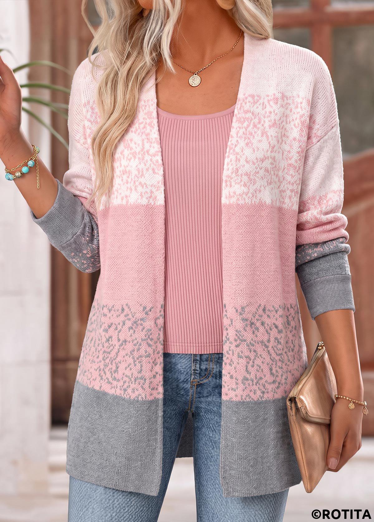 Pink tops,Ombre tops,ROTITA Ombre Pink Long Sleeve Open Front Coat