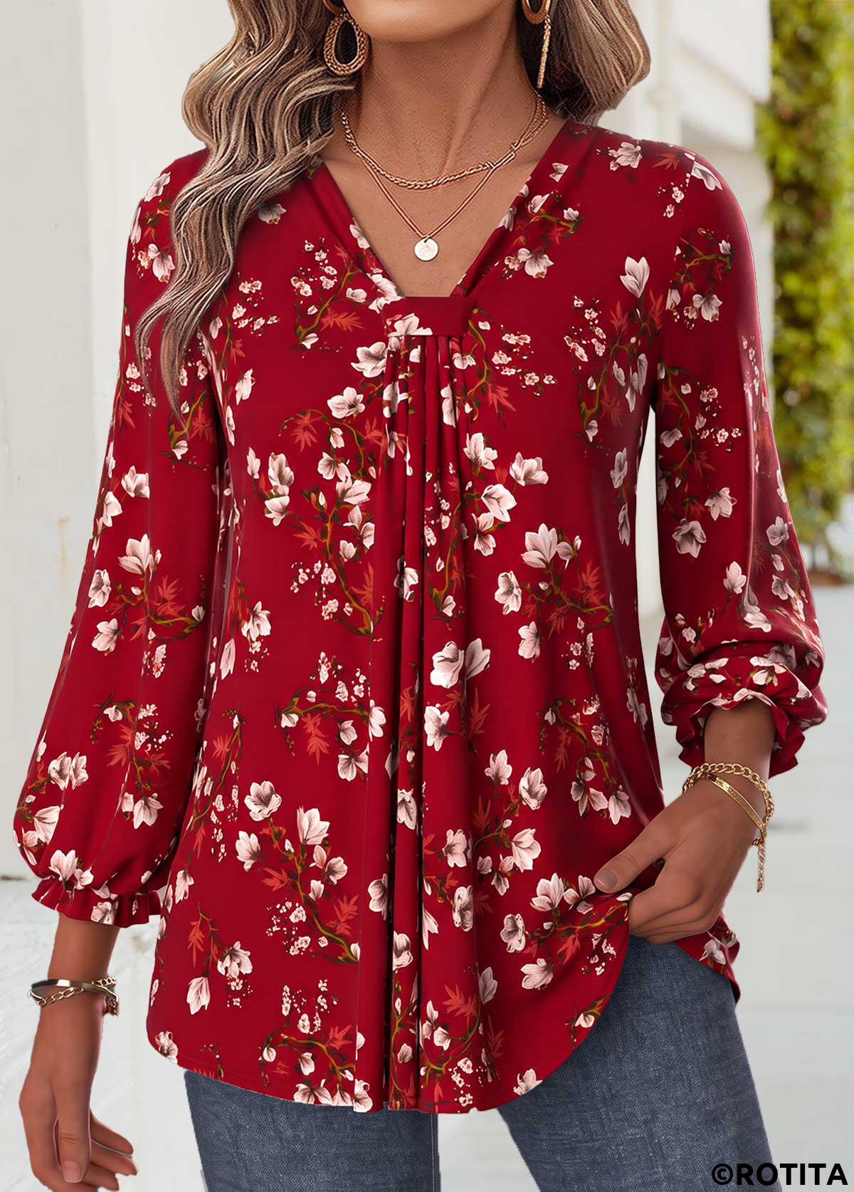 Wine Red tops,Floral tops,Plants tops,ROTITA Patchwork Floral Print Wine Red Bracelet Sleeve Blouse