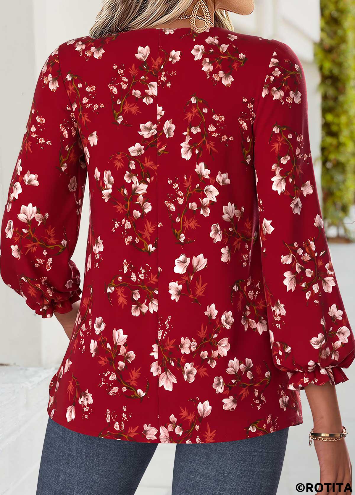 Wine Red tops,Floral tops,Plants tops,ROTITA Patchwork Floral Print Wine Red Bracelet Sleeve Blouse