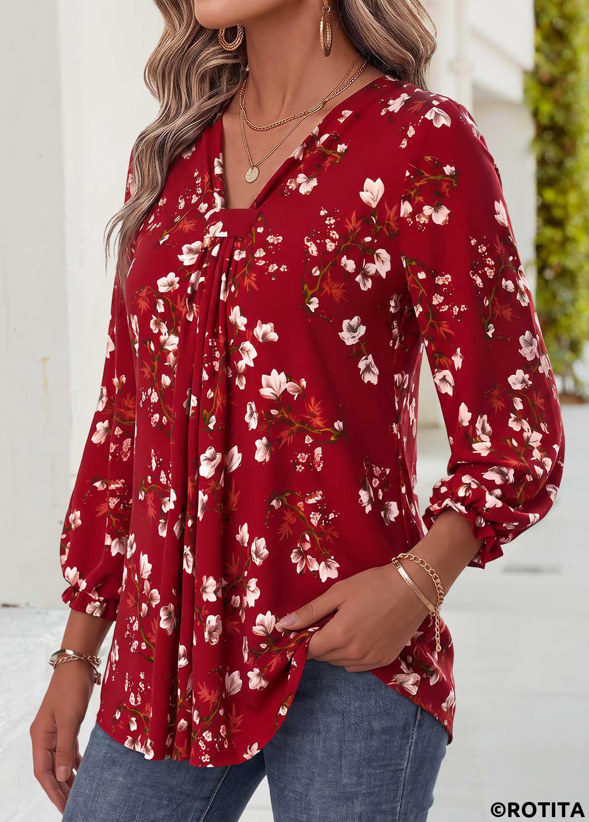 Wine Red tops,Floral tops,Plants tops,ROTITA Patchwork Floral Print Wine Red Bracelet Sleeve Blouse