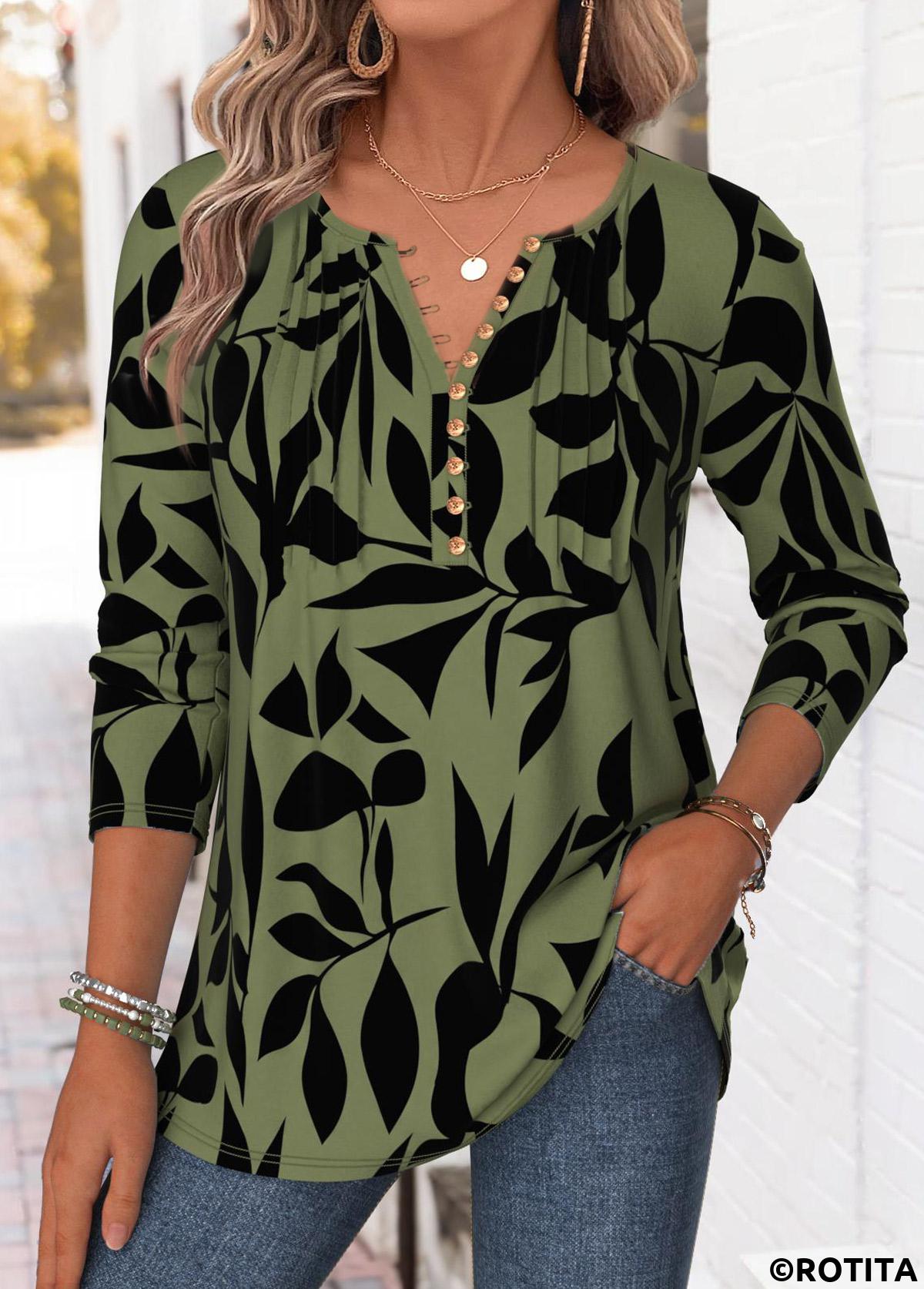Blackish Green tops,Plants tops,ROTITA Tuck Stitch Plants Print Blackish Green T Shirt