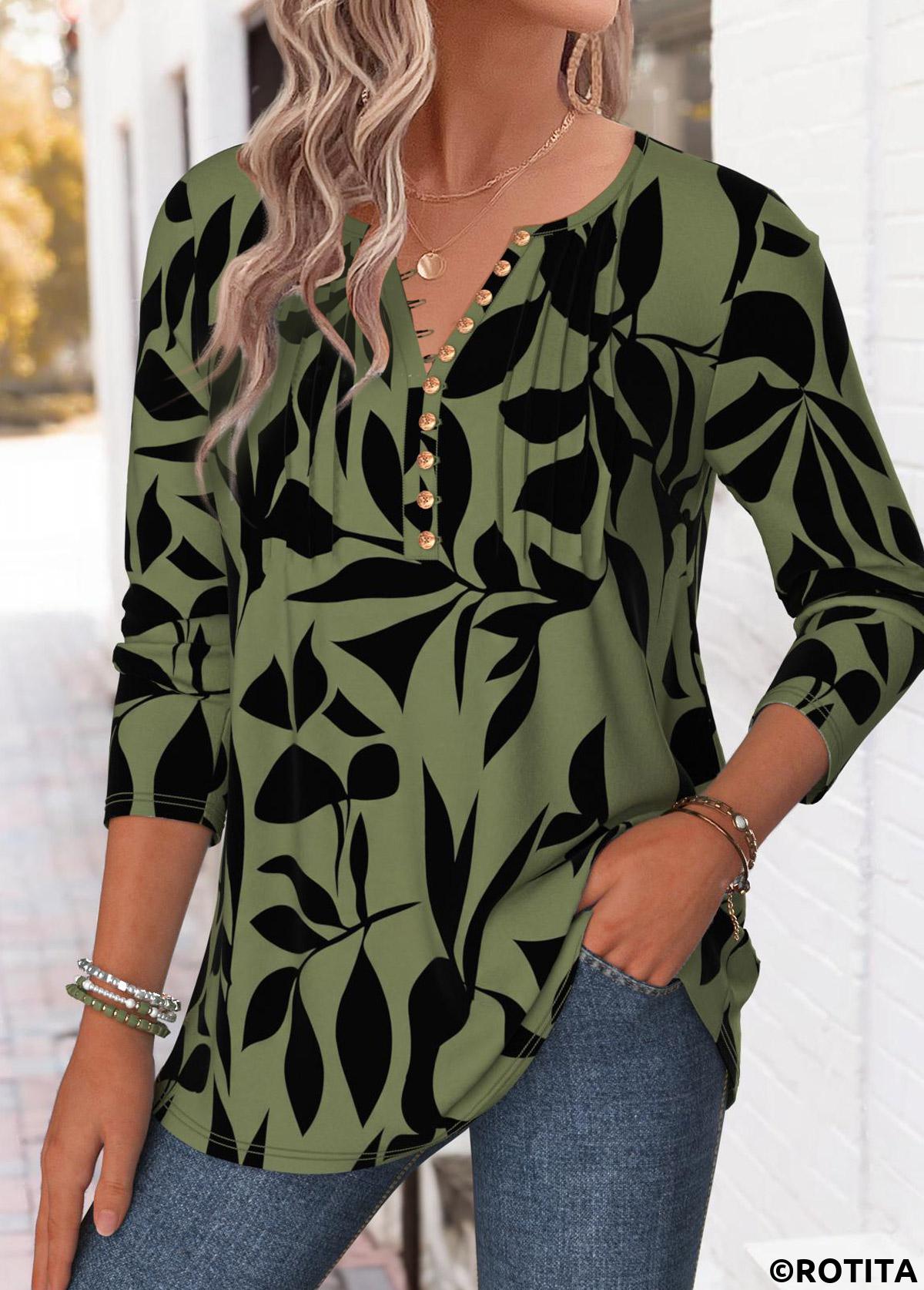 Blackish Green tops,Plants tops,ROTITA Tuck Stitch Plants Print Blackish Green T Shirt
