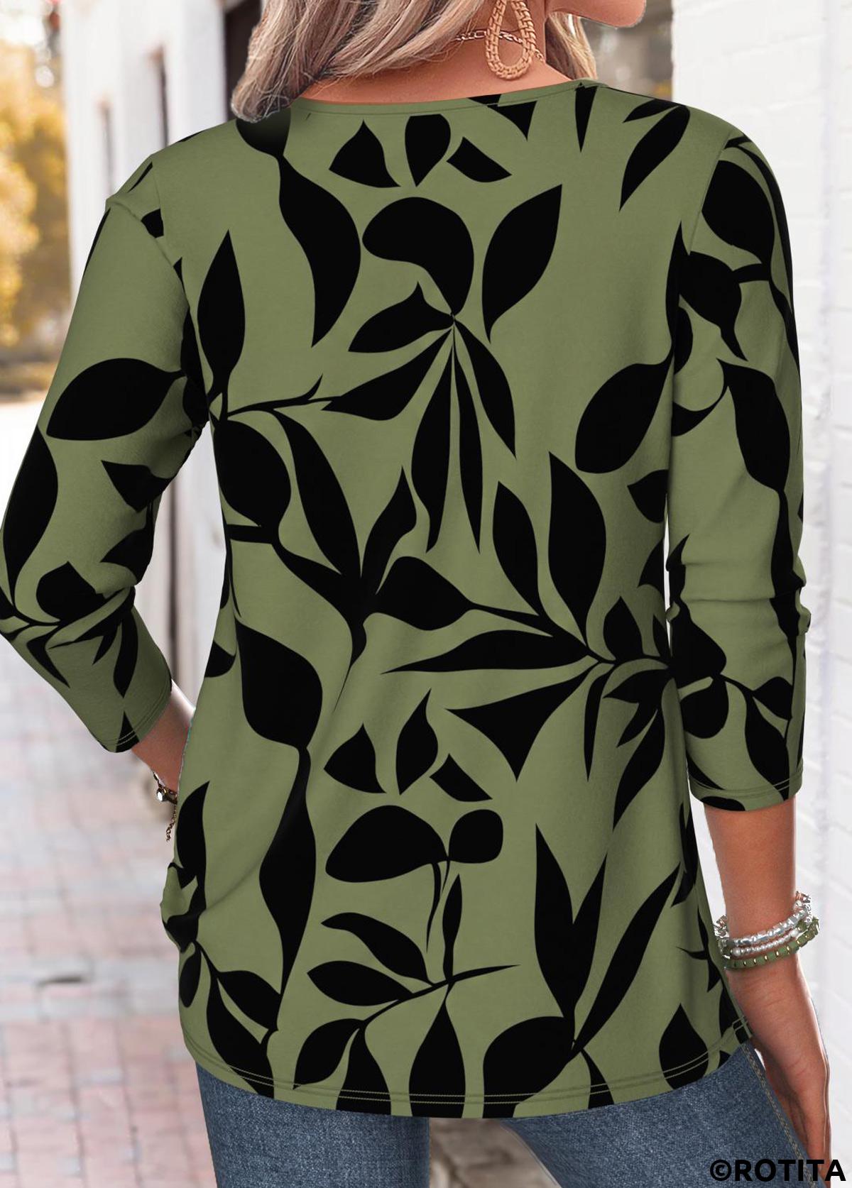 Blackish Green tops,Plants tops,ROTITA Tuck Stitch Plants Print Blackish Green T Shirt
