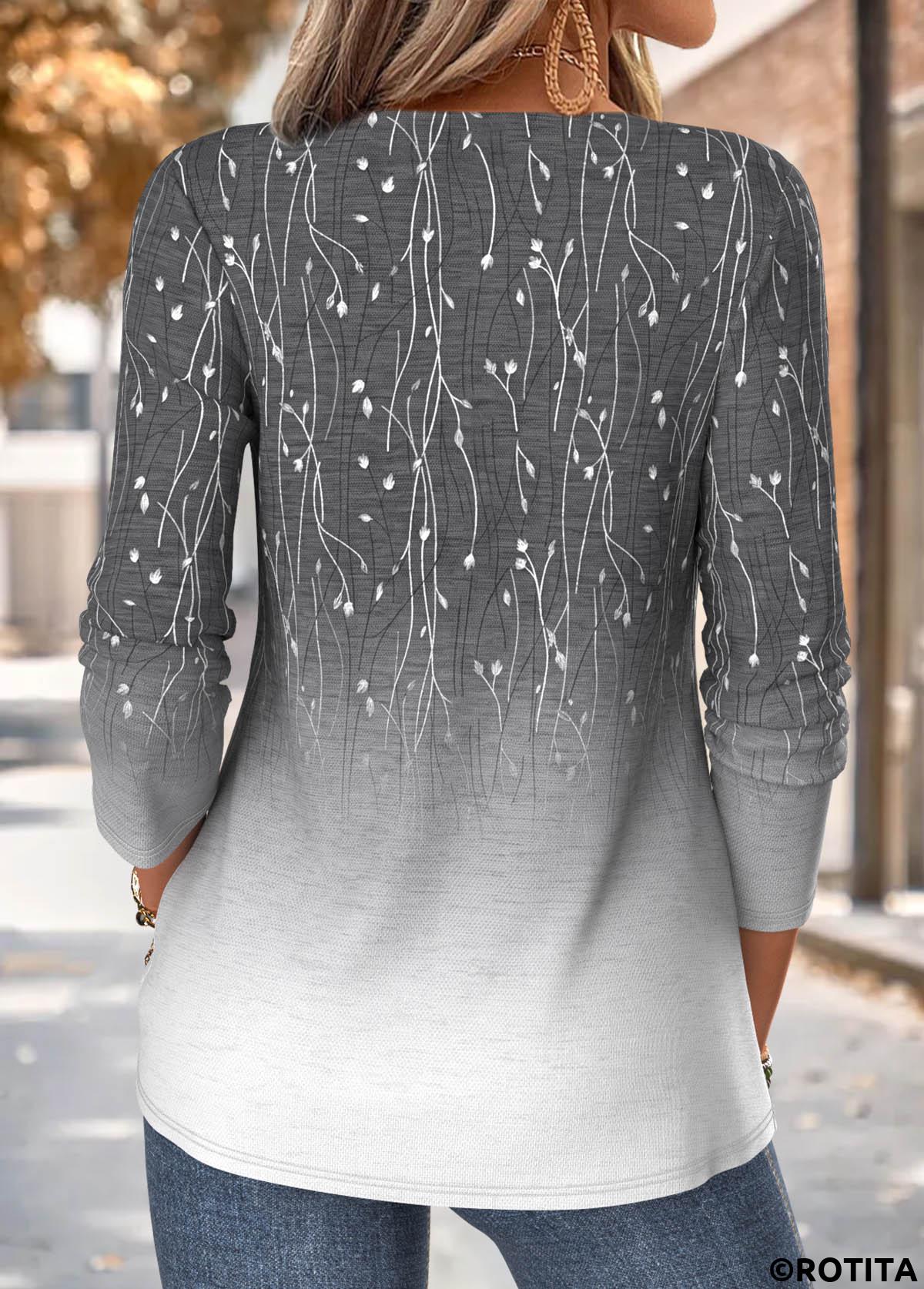 Grey tops,Ombre tops,ROTITA Ombre Grey V Neck Long Sleeve T Shirt