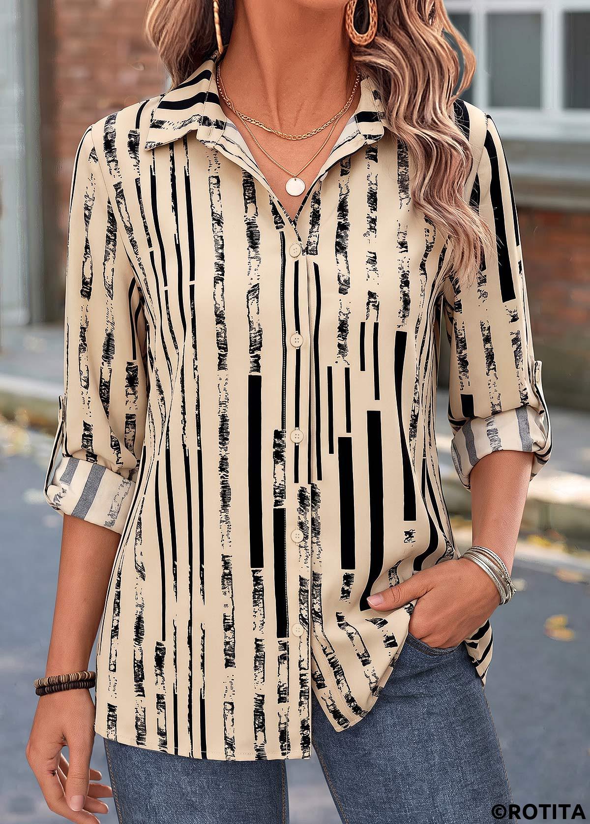 Light Camel tops,Geometric tops,ROTITA Tummy Coverage Geometric Print Light Camel 3/4 Sleeve Shirt