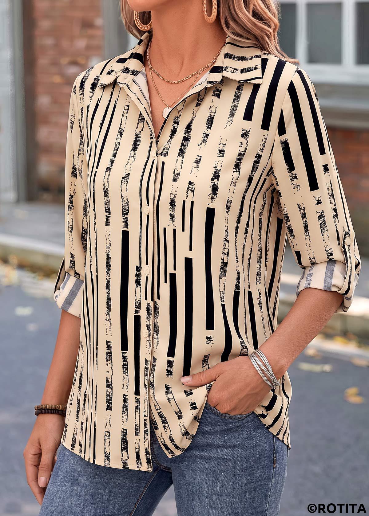 Light Camel tops,Geometric tops,ROTITA Tummy Coverage Geometric Print Light Camel 3/4 Sleeve Shirt