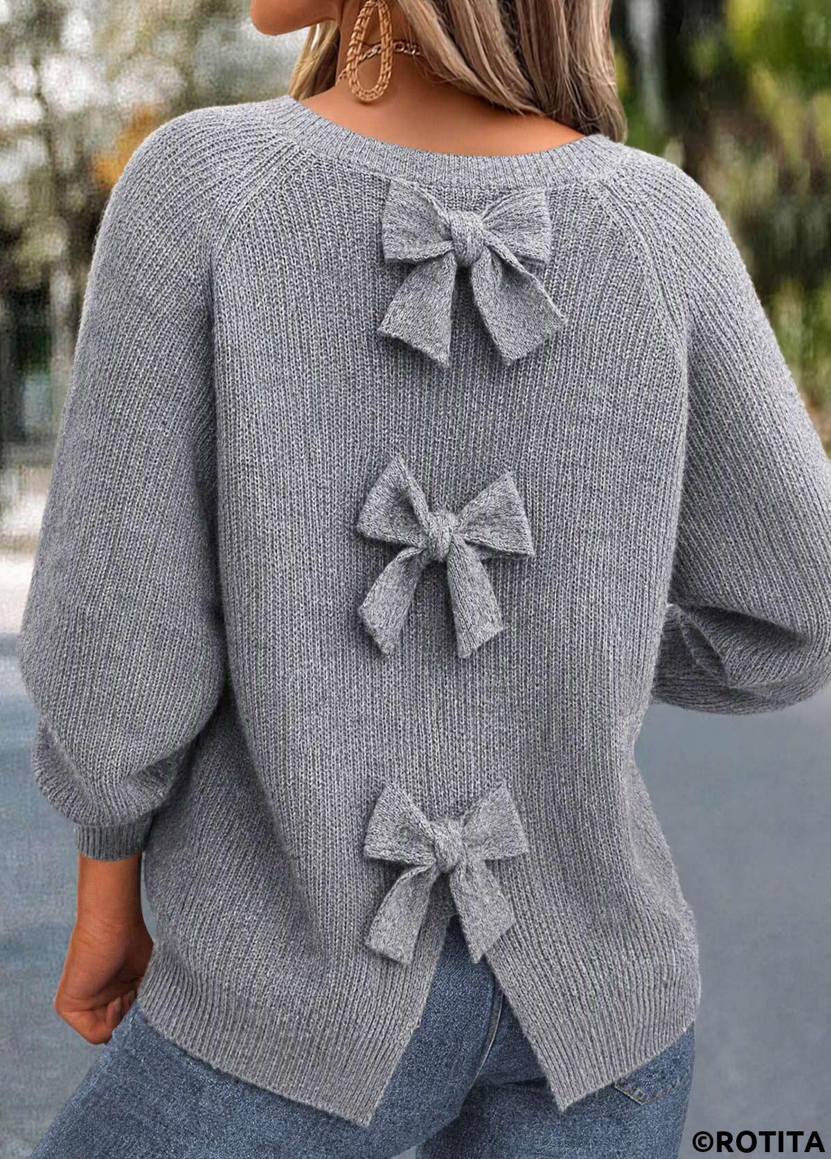 Grey tops,Plain Color tops,ROTITA Bowknot Grey Round Neck Long Sleeve Sweater