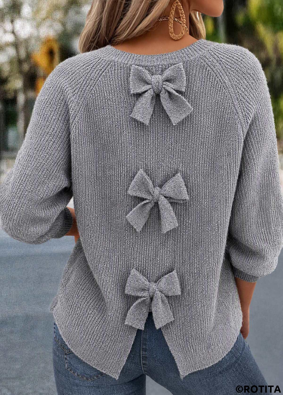 Grey tops,Plain Color tops,ROTITA Bowknot Grey Round Neck Long Sleeve Sweater
