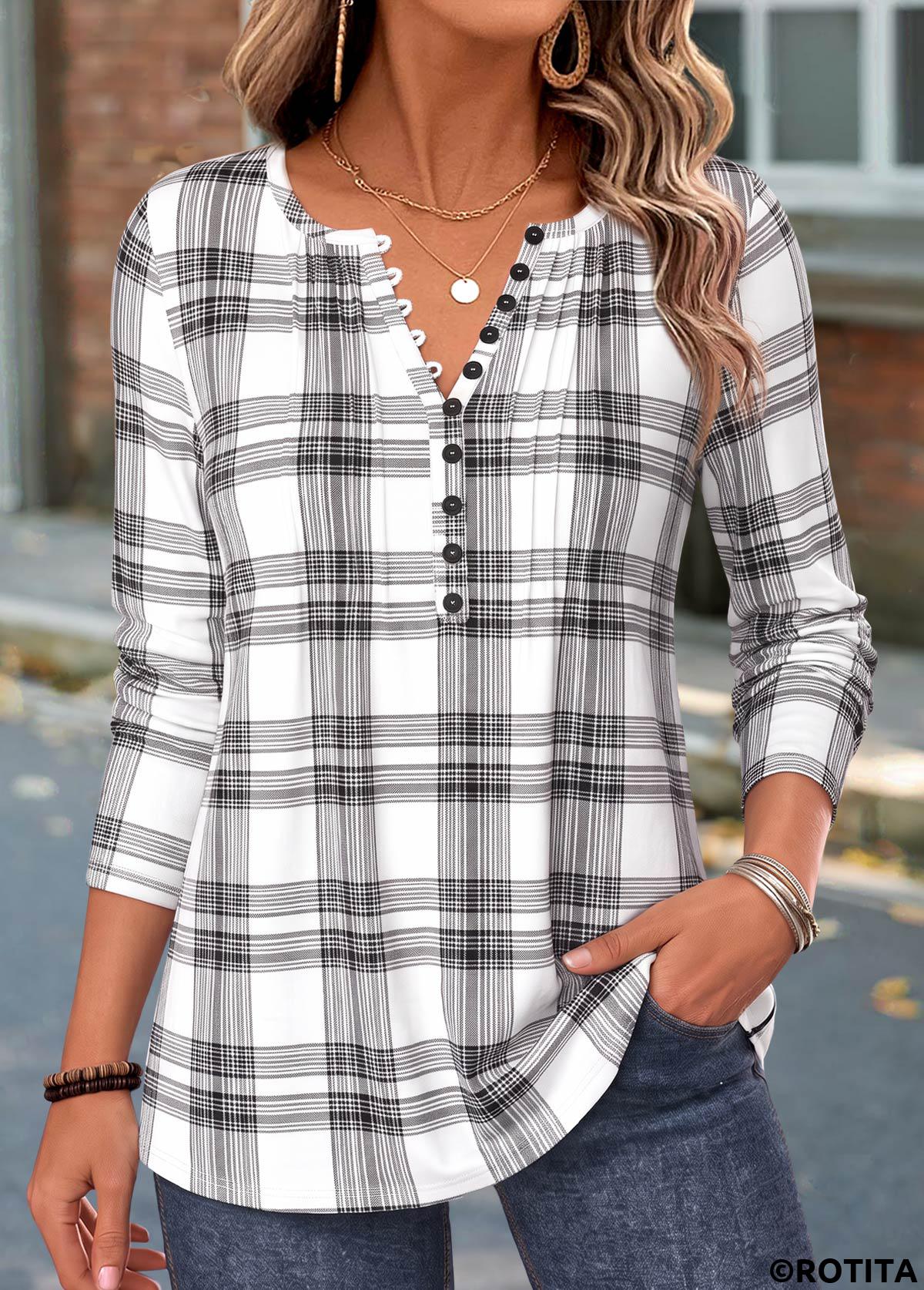 White tops,Plaid tops,Geometric tops,ROTITA Curved Hem Plaid White Split Neck T Shirt