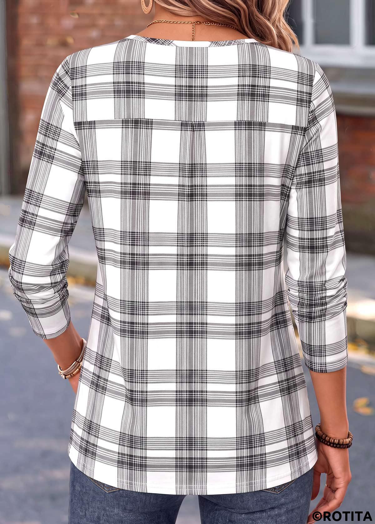 White tops,Plaid tops,Geometric tops,ROTITA Curved Hem Plaid White Split Neck T Shirt