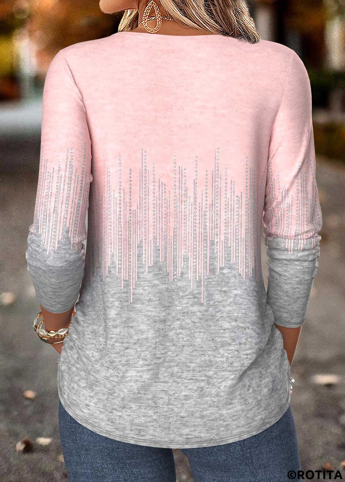Pink tops,Geometric tops,ROTITA Tummy Coverage Geometric Print Pink Split Neck T Shirt