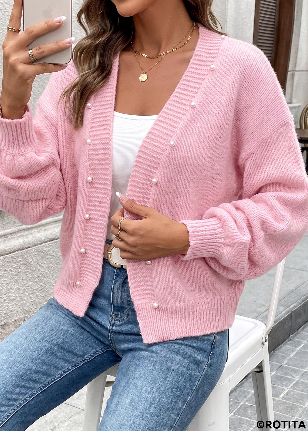 Pink tops,Plain Color tops,Tummy Coverage Pink 3/4 Sleeve Sweater