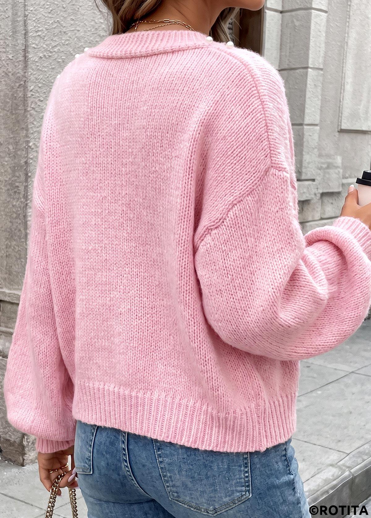 Pink tops,Plain Color tops,Tummy Coverage Pink 3/4 Sleeve Sweater