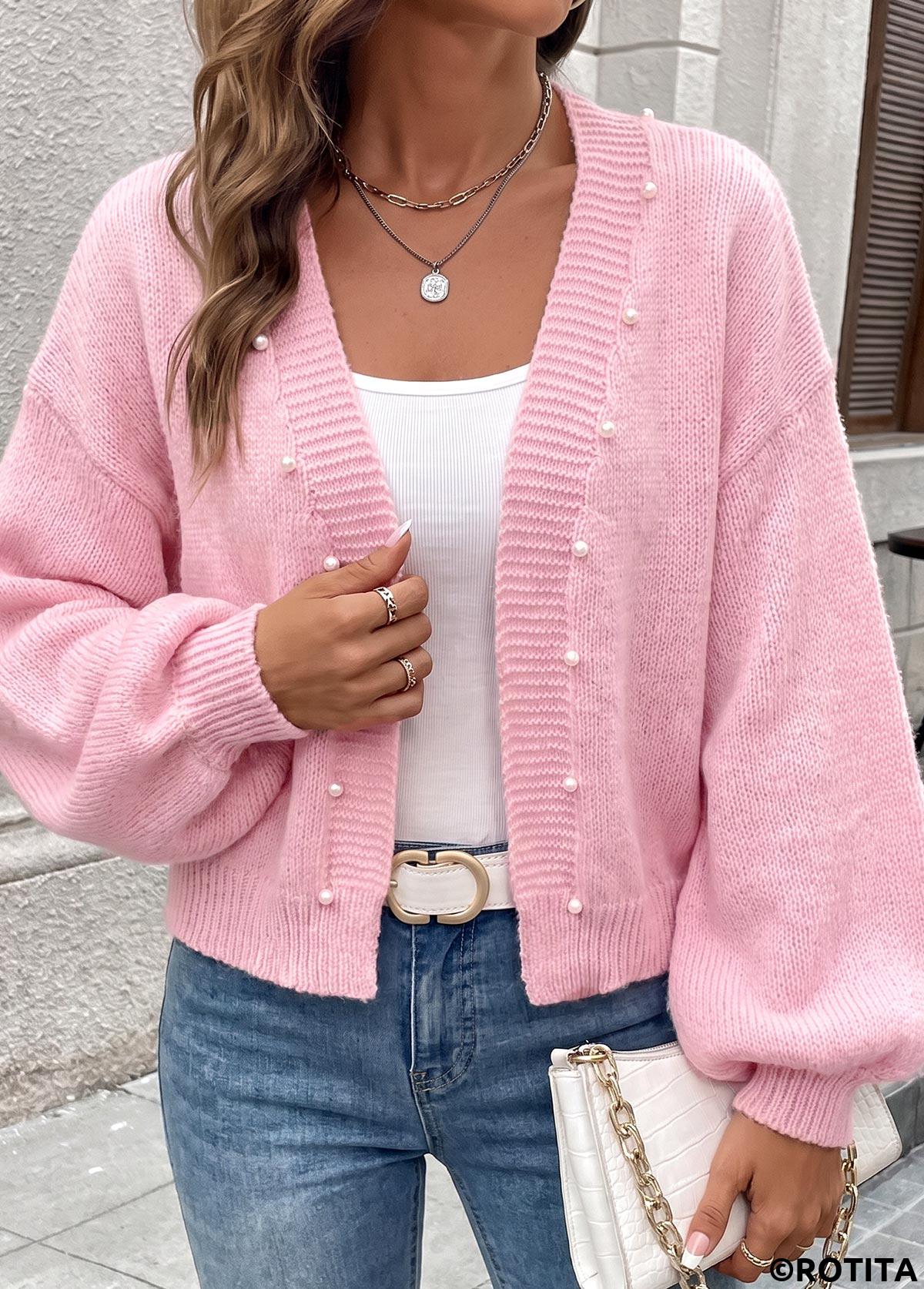 Pink tops,Plain Color tops,Tummy Coverage Pink 3/4 Sleeve Sweater