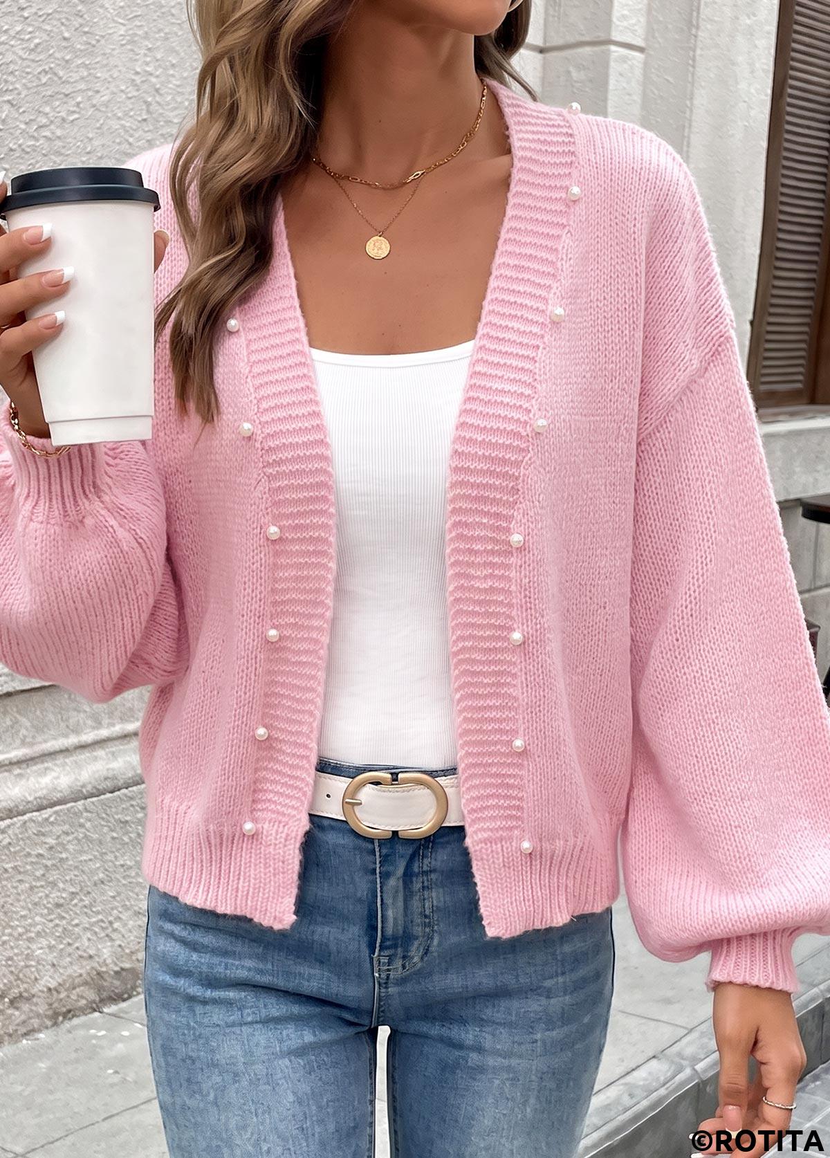 Pink tops,Plain Color tops,Tummy Coverage Pink 3/4 Sleeve Sweater