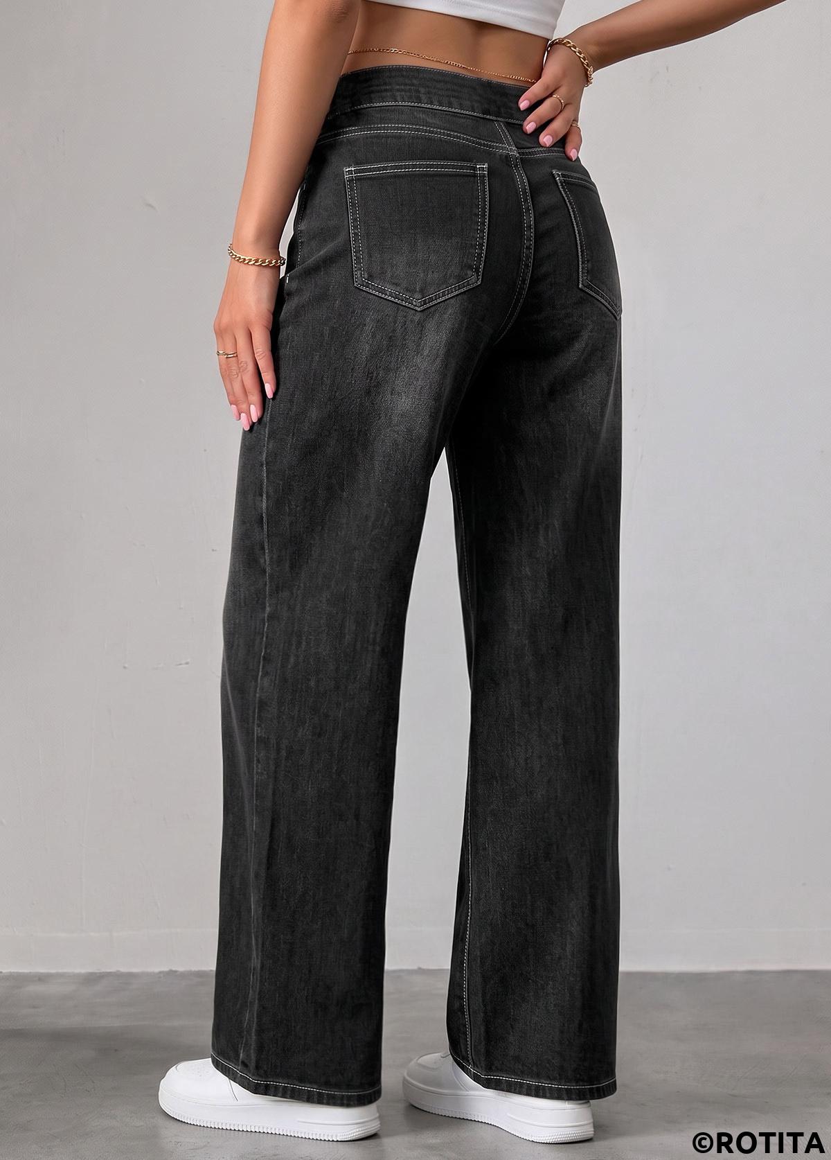 Denim Blue bottoms,Plain Color bottoms,ROTITA Soft Denim Blue Straight Leg Elastic Waist Jeans