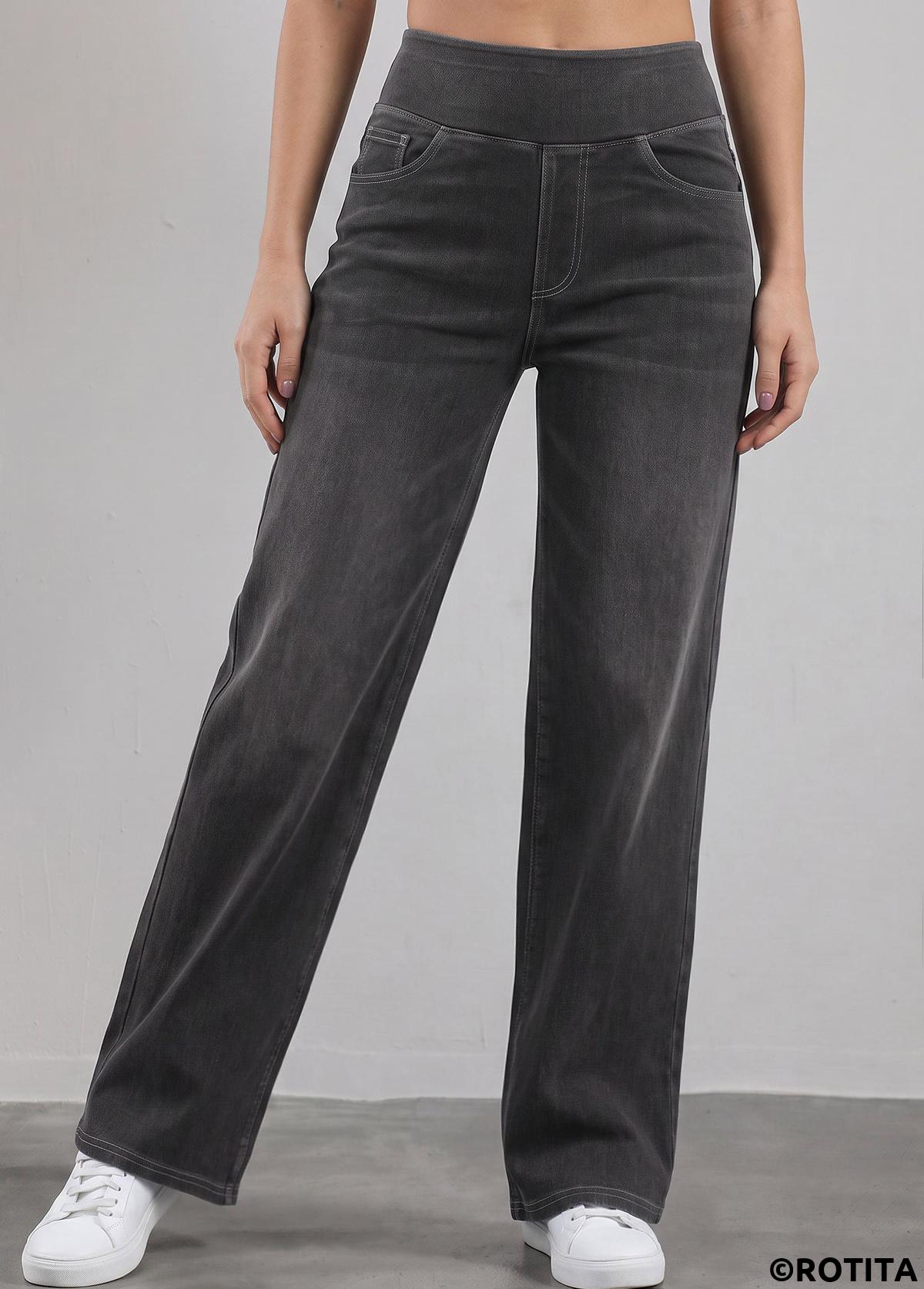 Denim Blue bottoms,Plain Color bottoms,ROTITA Soft Denim Blue Straight Leg Elastic Waist Jeans