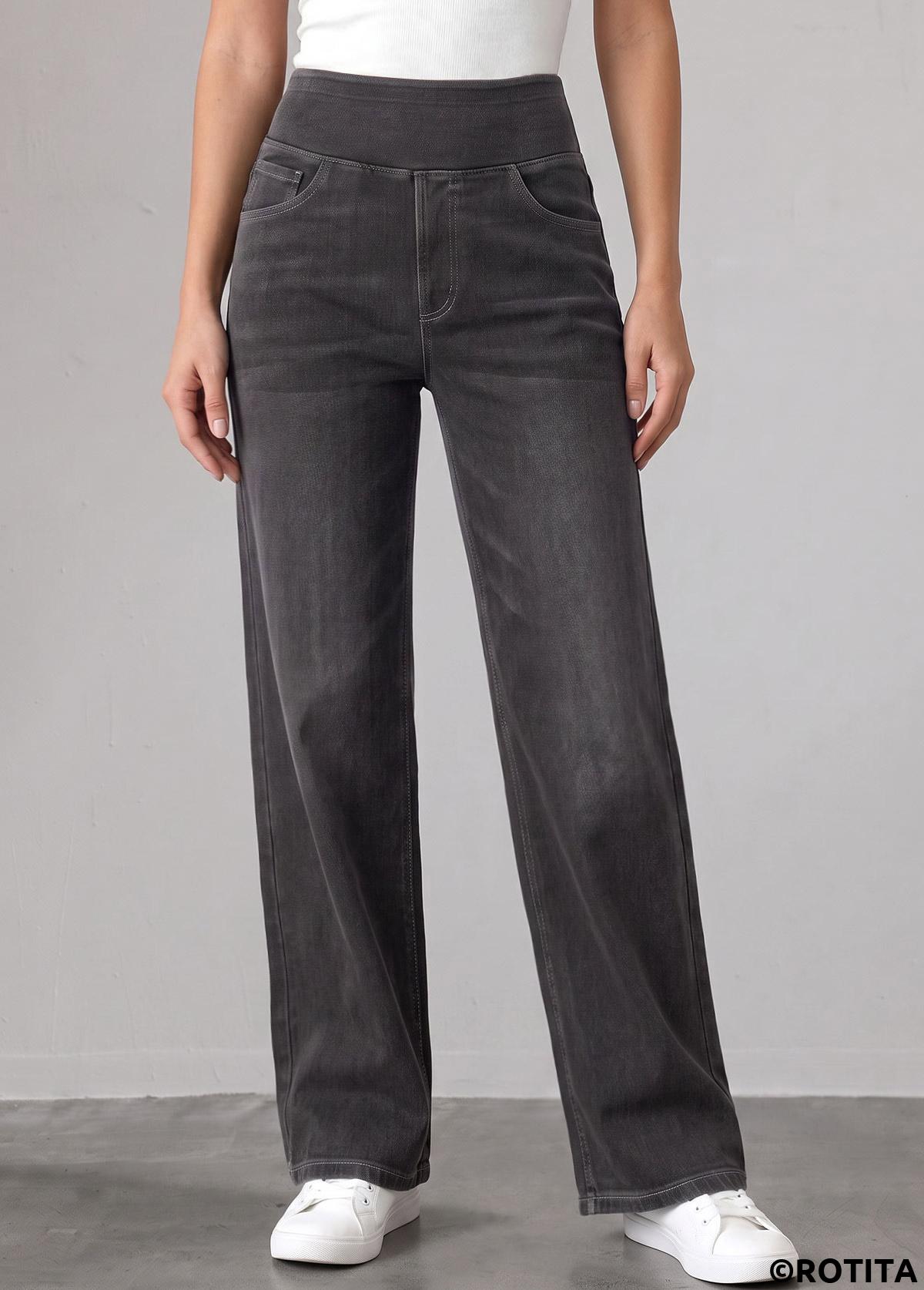 Denim Blue bottoms,Plain Color bottoms,ROTITA Soft Denim Blue Straight Leg Elastic Waist Jeans