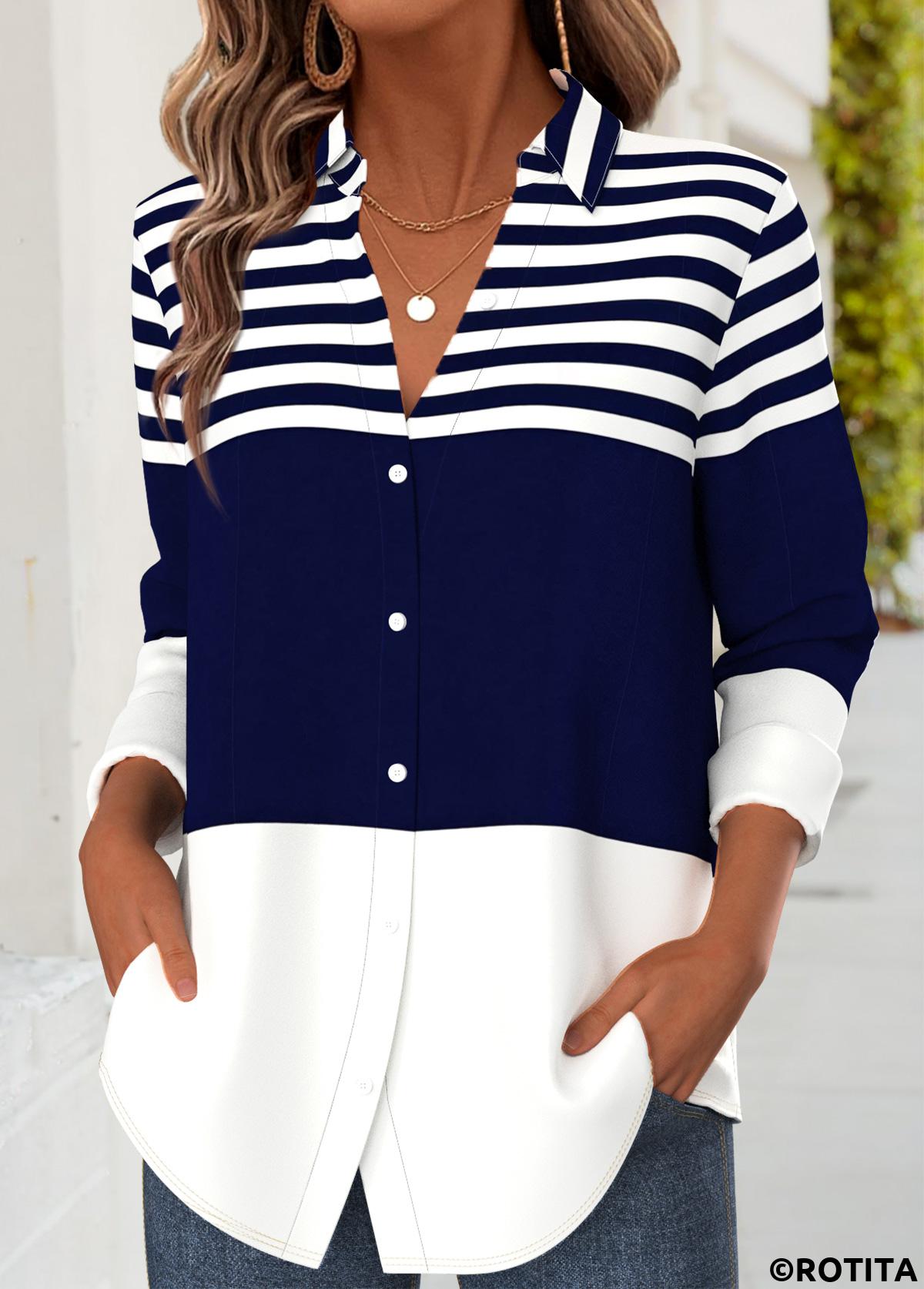 Dark Blue tops,Striped tops,Geometric tops,ROTITA Tummy Coverage Striped Dark Blue Long Sleeve Shirt
