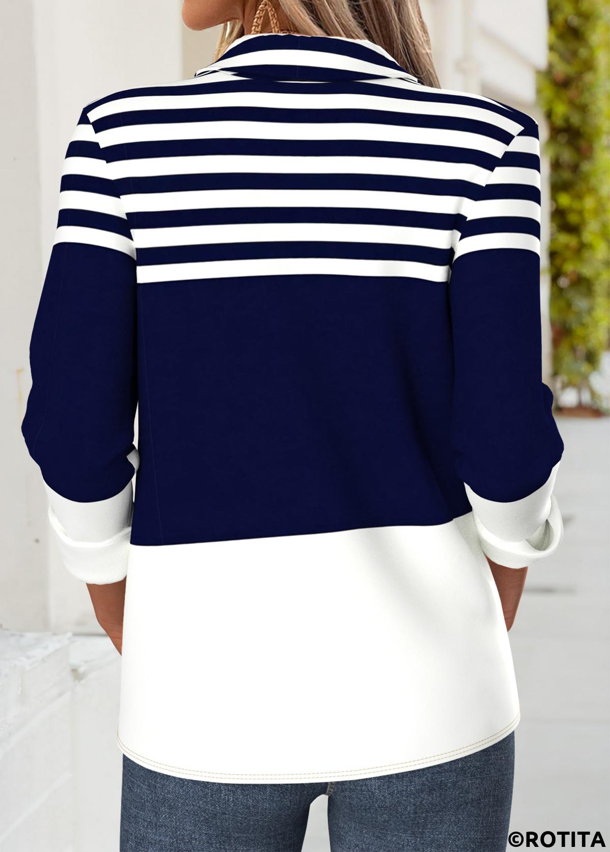 Dark Blue tops,Striped tops,Geometric tops,ROTITA Tummy Coverage Striped Dark Blue Long Sleeve Shirt