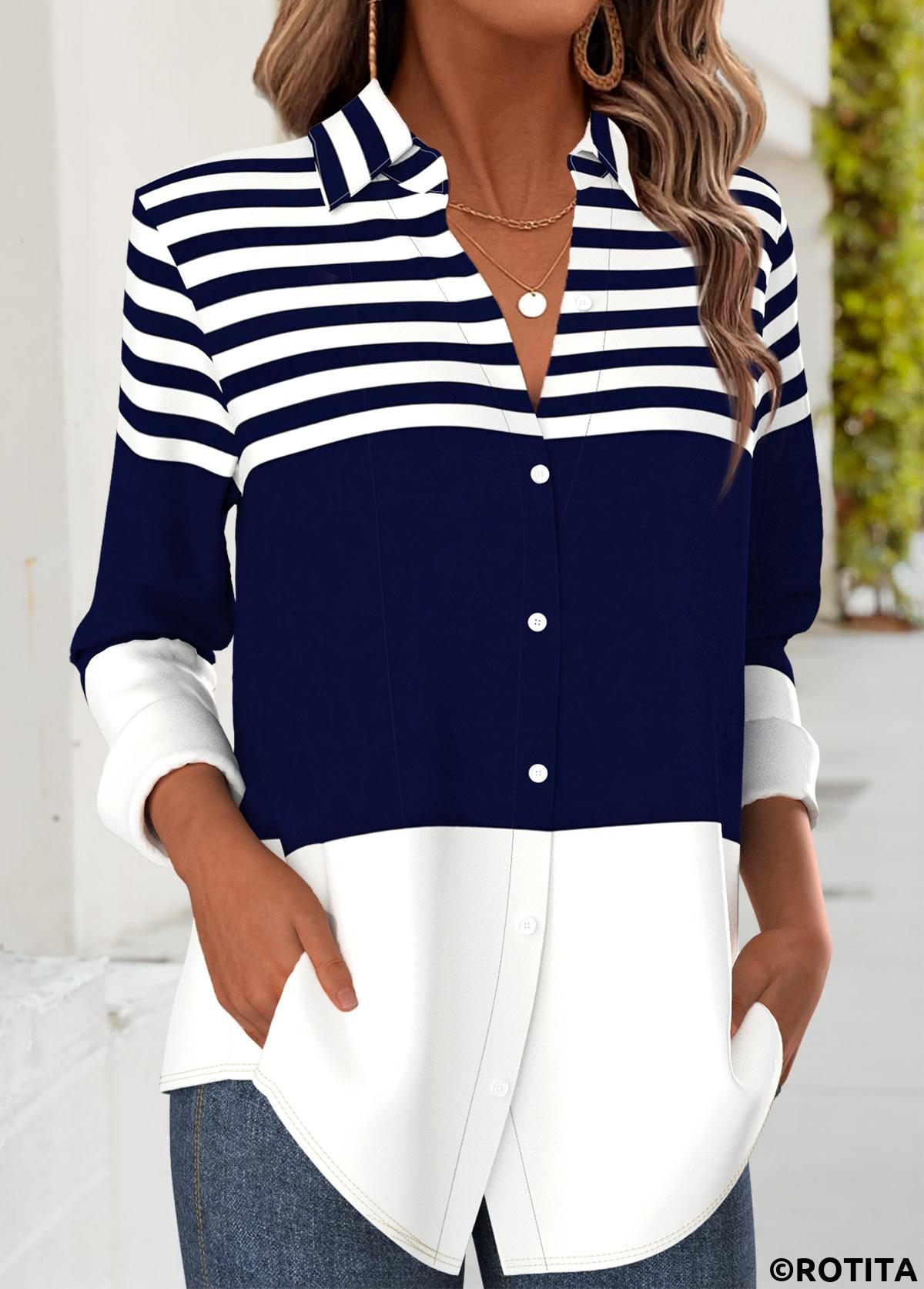 Dark Blue tops,Striped tops,Geometric tops,ROTITA Tummy Coverage Striped Dark Blue Long Sleeve Shirt