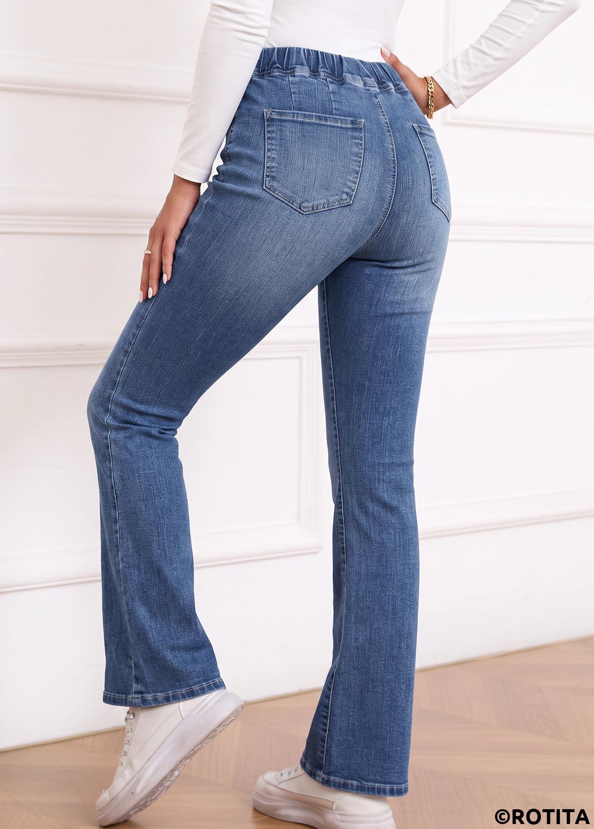Denim Blue bottoms,Plain Color bottoms,ROTITA Soft Denim Blue Flare Leg Elastic Waist Jeans