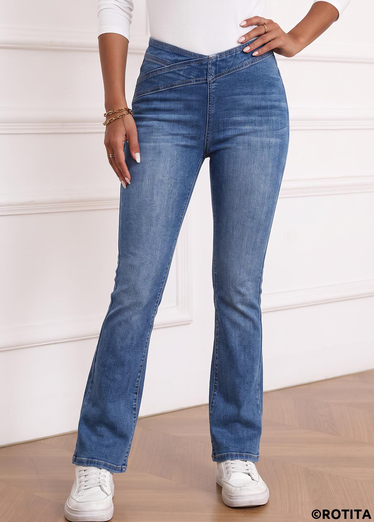Denim Blue bottoms,Plain Color bottoms,ROTITA Soft Denim Blue Flare Leg Elastic Waist Jeans