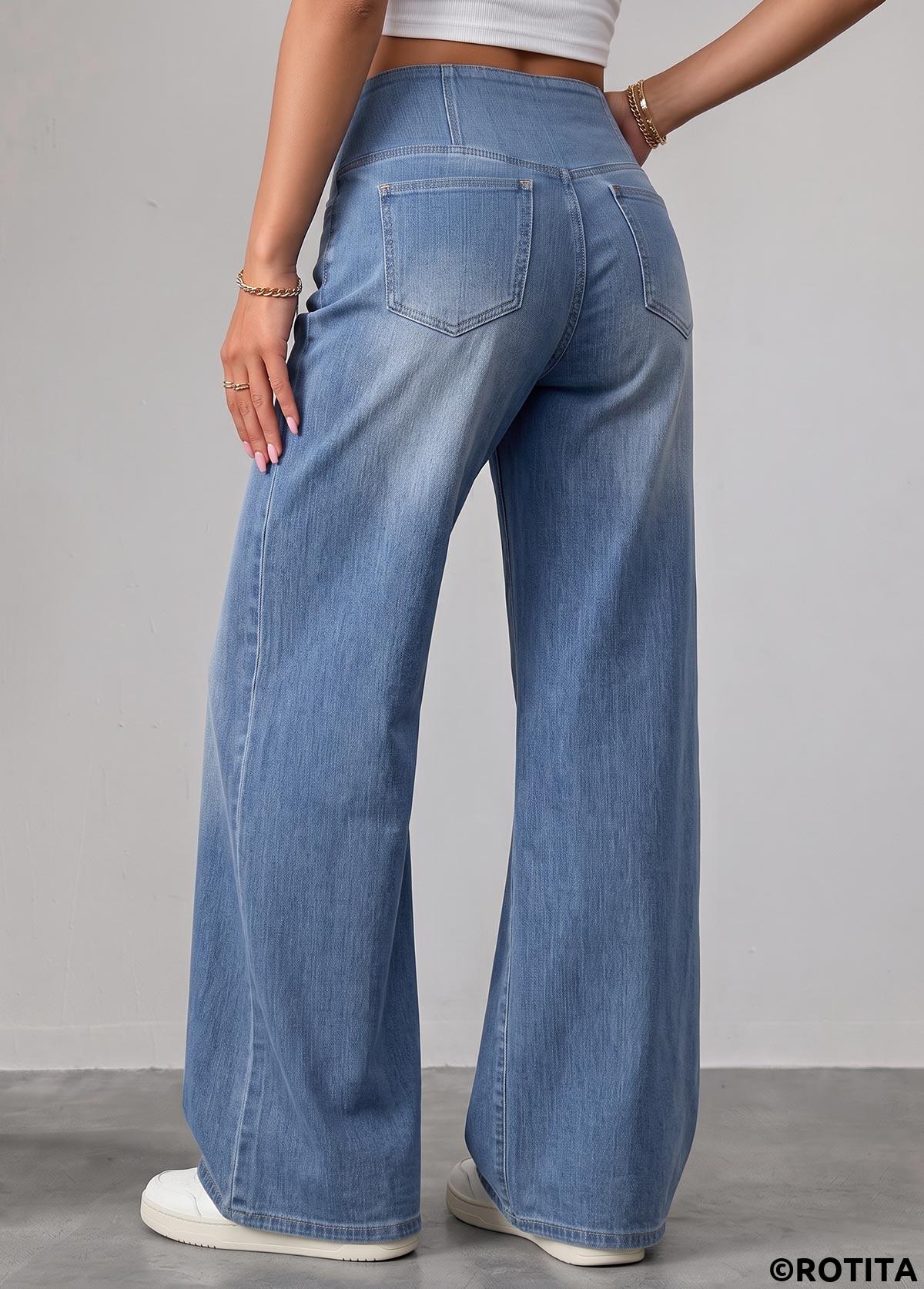 Denim Blue bottoms,Plain Color bottoms,ROTITA Soft Denim Blue Wide Leg Elastic Waist Jeans