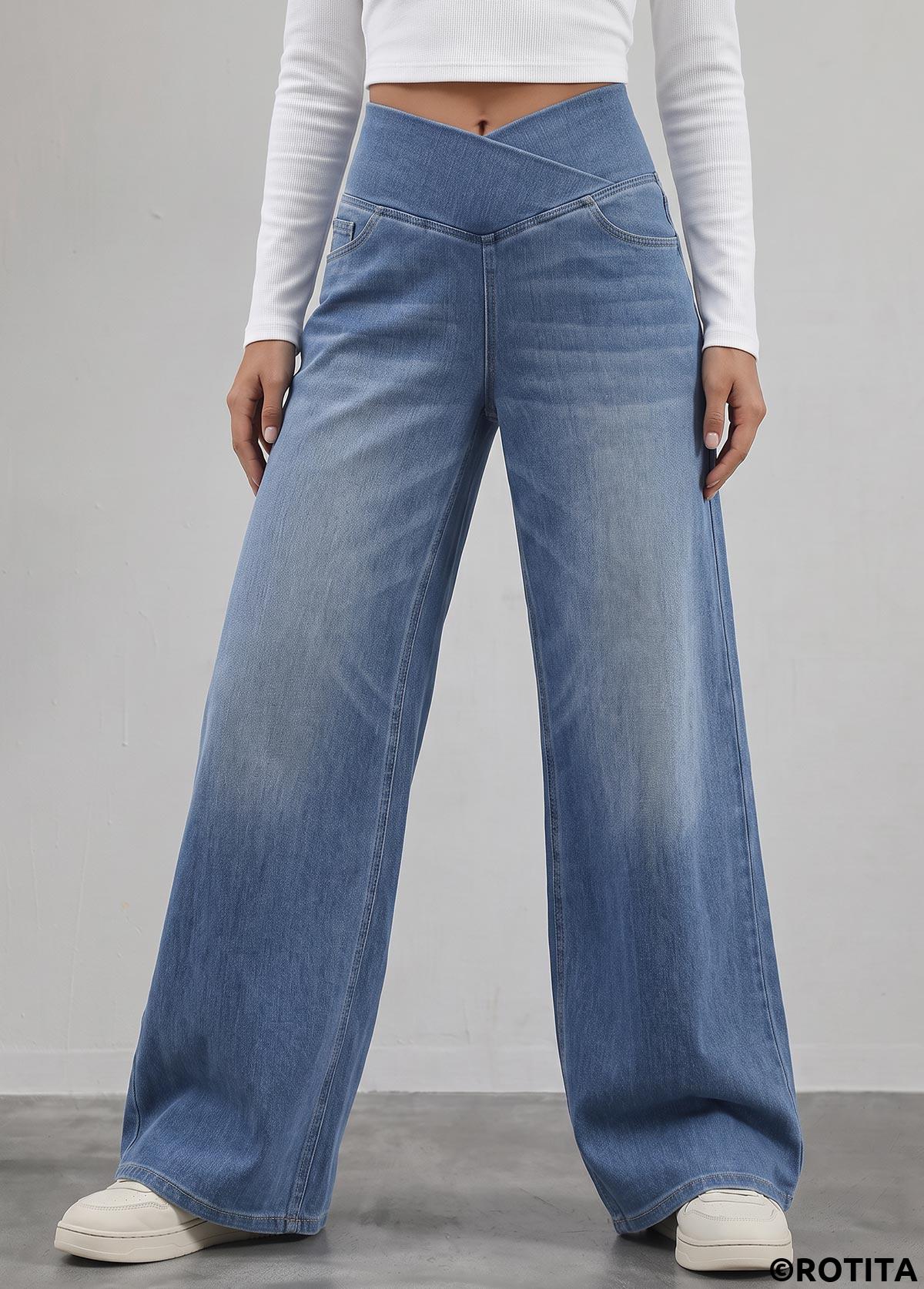 Denim Blue bottoms,Plain Color bottoms,ROTITA Soft Denim Blue Wide Leg Elastic Waist Jeans