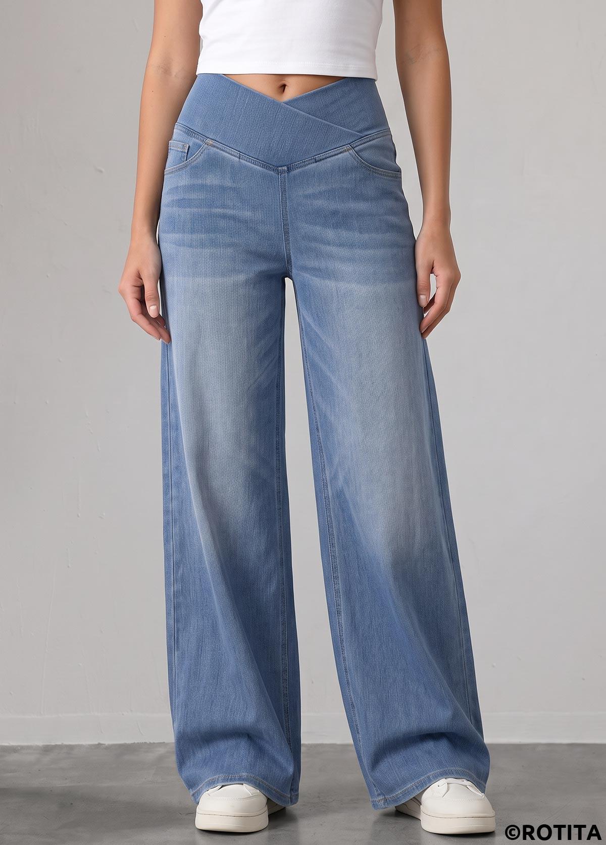 Denim Blue bottoms,Plain Color bottoms,ROTITA Soft Denim Blue Wide Leg Elastic Waist Jeans
